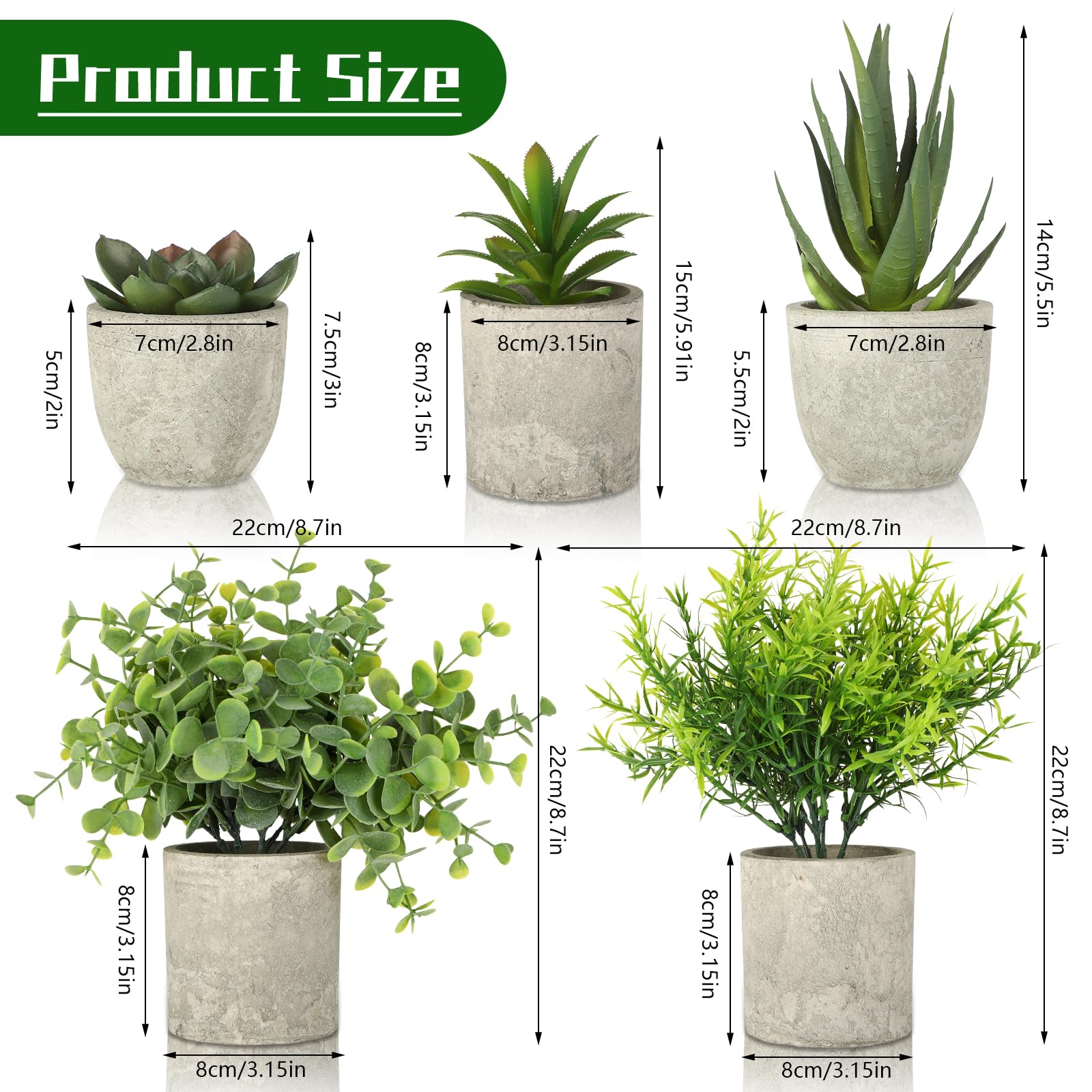 CRESZZLE Zestaw 5 mini sztucznych roślin, takich jak prawdziwe, realistyczne, sztuczne rośliny, sukulenty, idealna dekoracja, salon, sypialnia i biuro, ze stylowymi sztucznymi roślinami