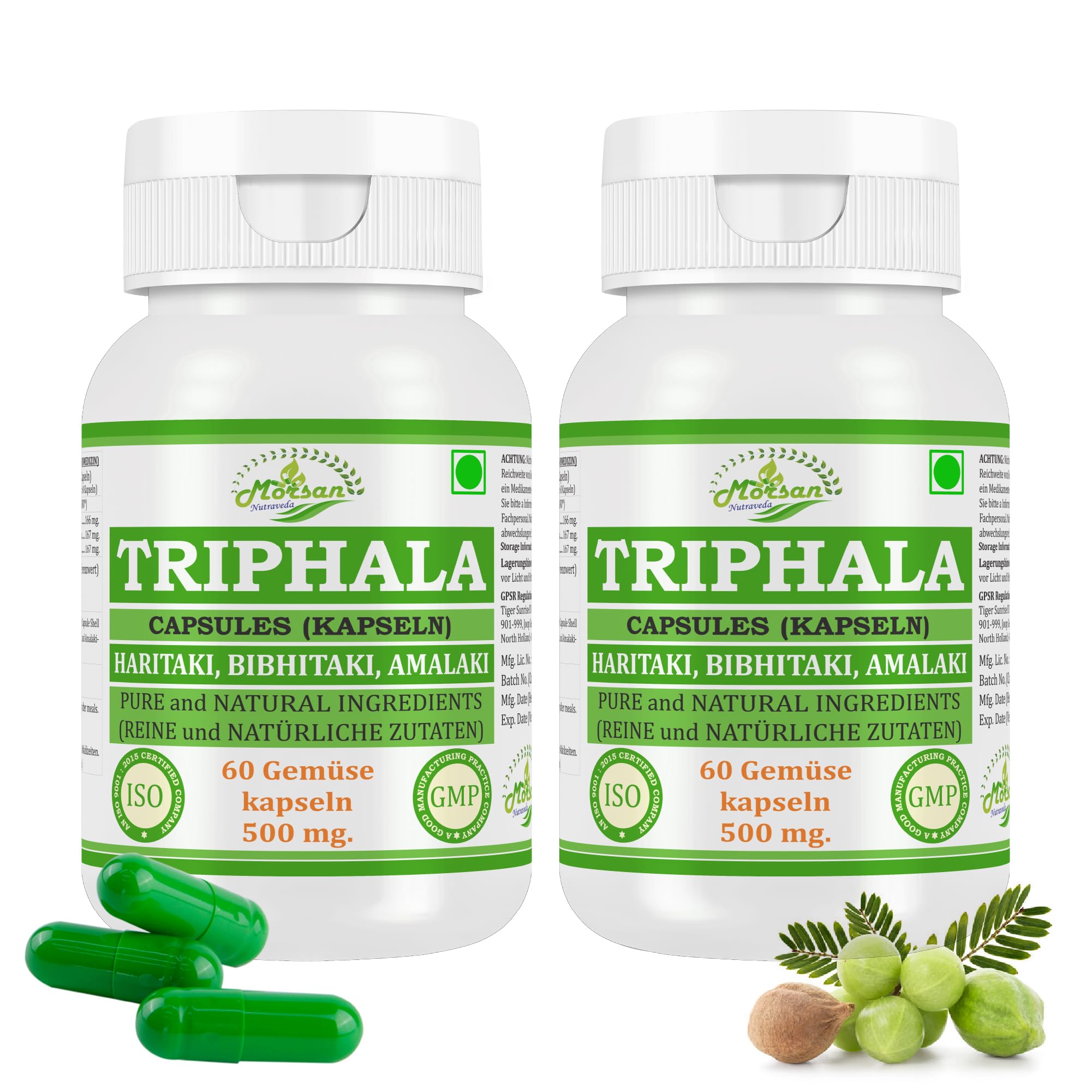 Triphala-Kapseln 500 mg. 60 Veganer. Einheiten | Amalaki (Emblica officinalis) Haritaki (Terminalia chebula) Bibhitaki (Terminalia belerica) Extrakt-Kapseln | 10:1 Stärke (2 Flasche mit 60 Kapseln)