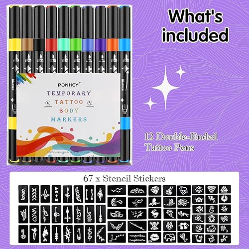 Ponhey Temporary Tattoo Markers for Skin, 36 Body Markers+67 Large Tattoo Stencils,Dual-End Tattoo Pens,Fine Lines with Cosmetic-Grade,Flexible, Skin-Safe Face Paint Kit for Kids Teenage Adults(Muticolor 12 Body Markers)