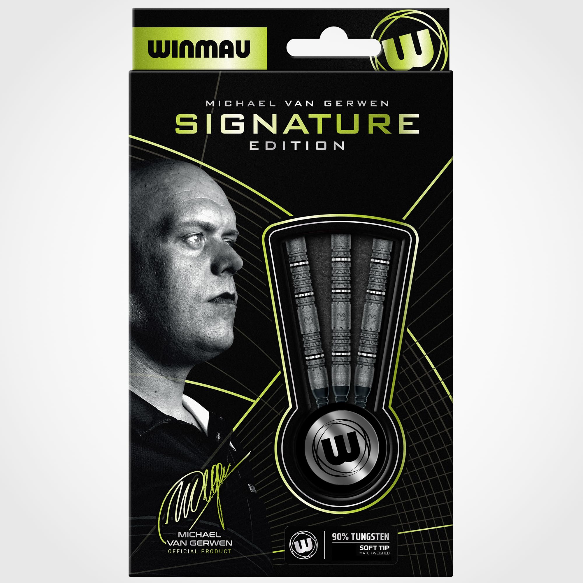 WINMAU Michael Van Gerwen MvG Signature Edition - 90% Tungsteno - Set di freccette professionali con alette e steli (aste) - Disponibile in punta morbida da 18 g e punta in acciaio da 22 g, 23 g e 24