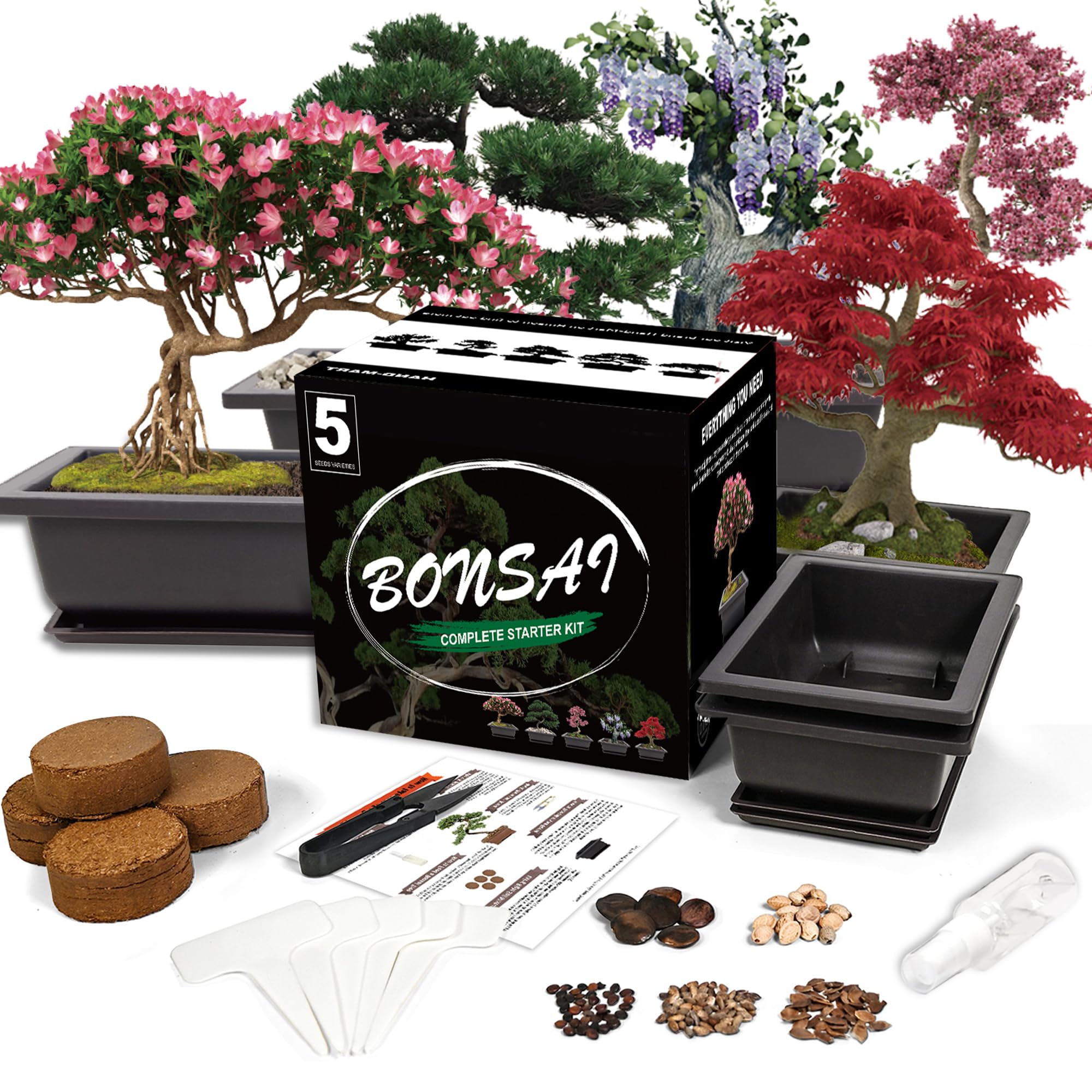Bonsai Starter Kit, 5 Seeds Growing into Acacia, Wisteria, Sakura, Red Maple and Black Pine, Including Complete Gardening Tools with A Gift Box, Christmas Gifts for Men Women Beginners