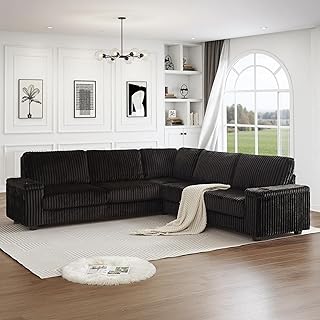 Black Sectional Couches for Living Room, Oversized Corduroy Couch, Secti...