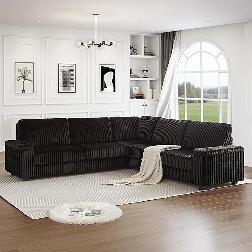 Black Sectional Couches for Living Room, Oversized Corduroy Couch, Sectional Corner Sofa with Cup Holders & USB, L Shaped Sofa