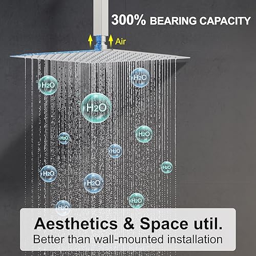 Miniatura 3 de Sistema de ducha montado en el techo de 12 pulgadas con cabezal de ducha de lluvia, cabezal de mano y válvula de ducha, kit de molduras de níquel