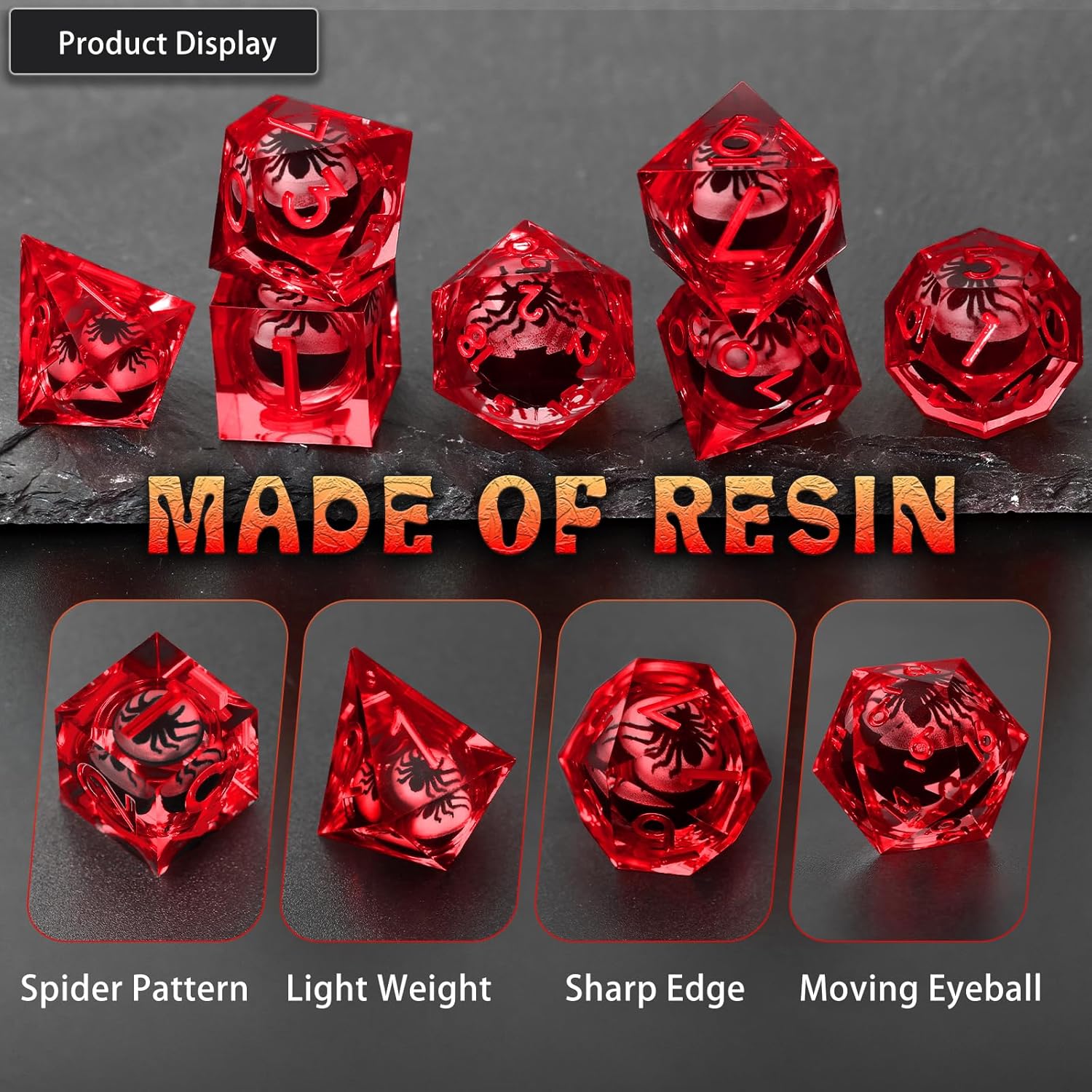 FONVGOGO Liquid Core DND Dice Set, 7PCS Sharp Edge Resin D and Dice with Cardboard Box, Unique Cool Spider Polyhedral Dice for Dungeons and Dragons, Tabletop RPGs TTRPG Gifts (Red)