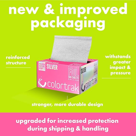 Colortrak Embossed Sheets Silver Aluminum Foil Pop-up Dispenser, 500 Pre-cut Sheets Non-slip Textured, for Hair Foil Coloring and Highlighting Applications Silver, 5 x 11