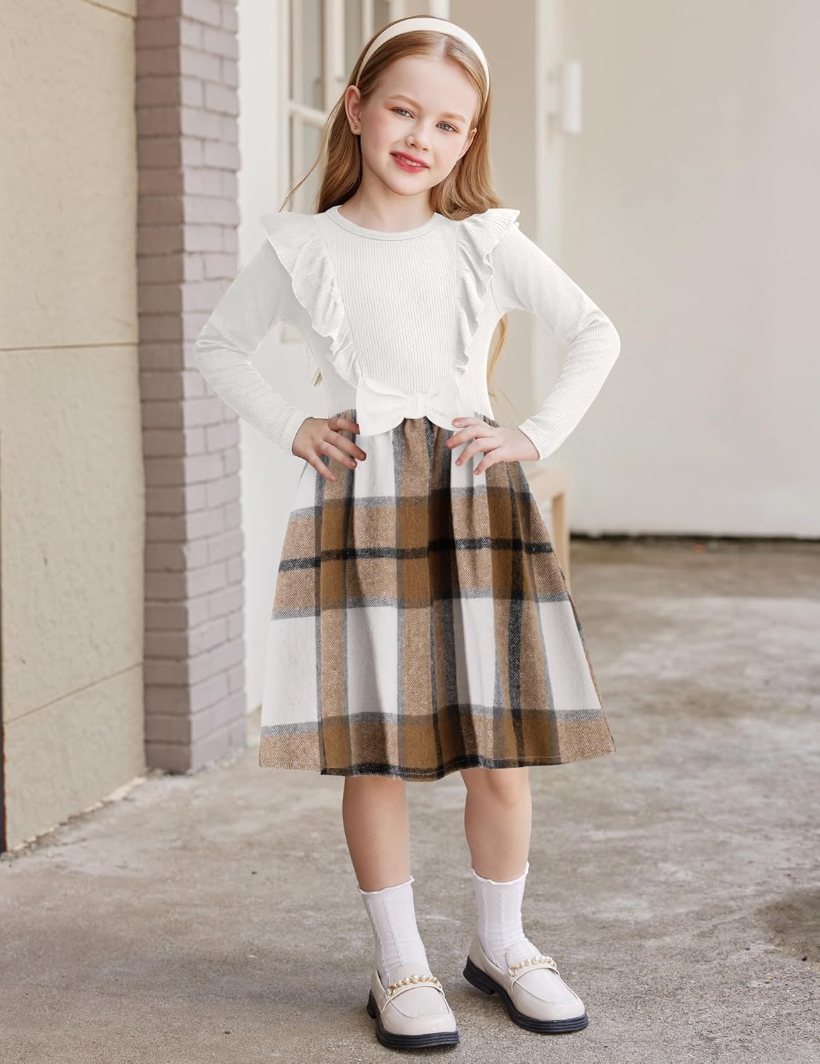 Arshiner Girls Fall Winter Dress Plaid Ribbed Ruffles Long Sleeve Dresses Cute Bowknot Little Girls Clothes 2-6 Years - Image 5