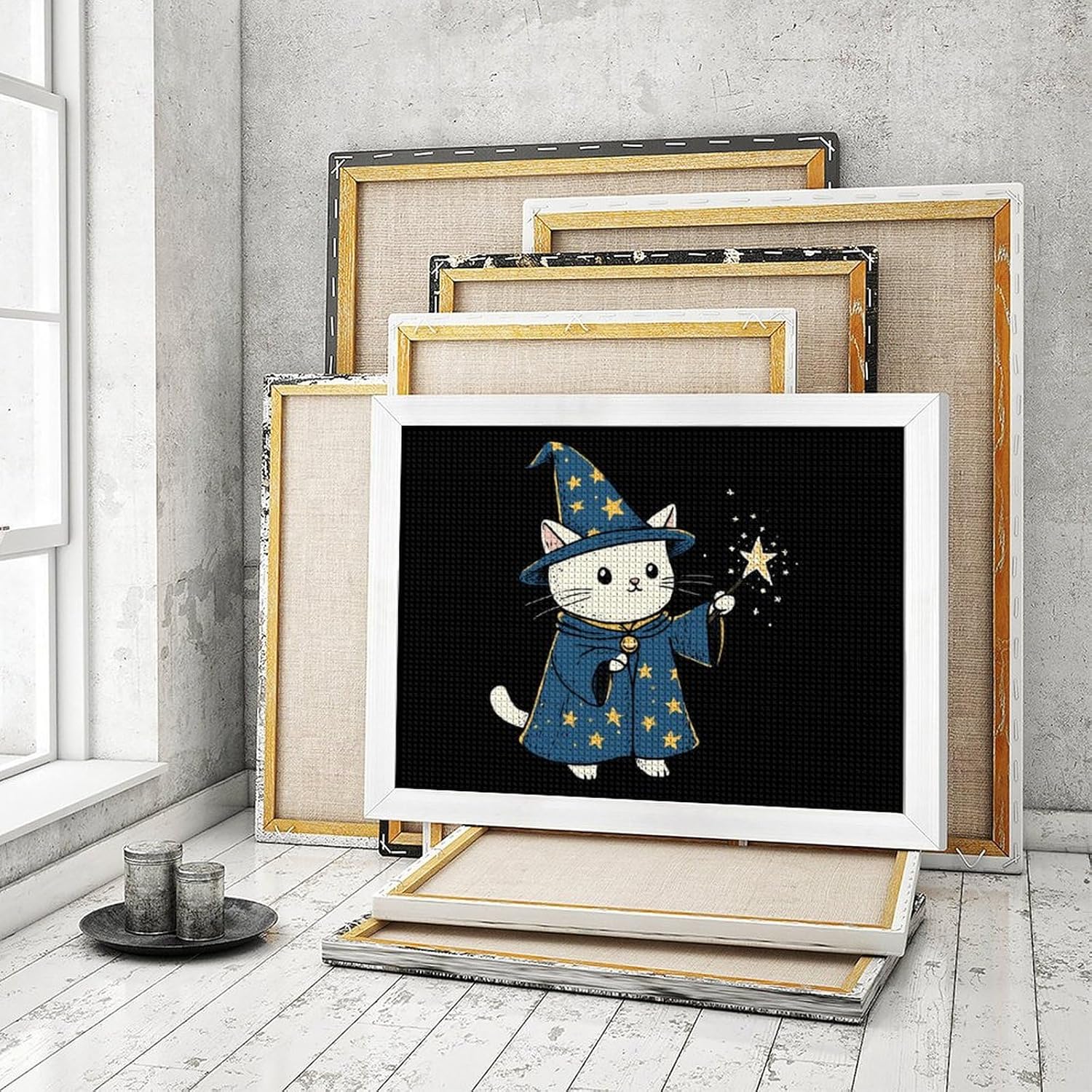 Wizard Cat Printed Diamond 5D Painting Kits DIY Full Drill Crafts for Home Wall Decor 16x20 Inch White Wood 50 * 40cm