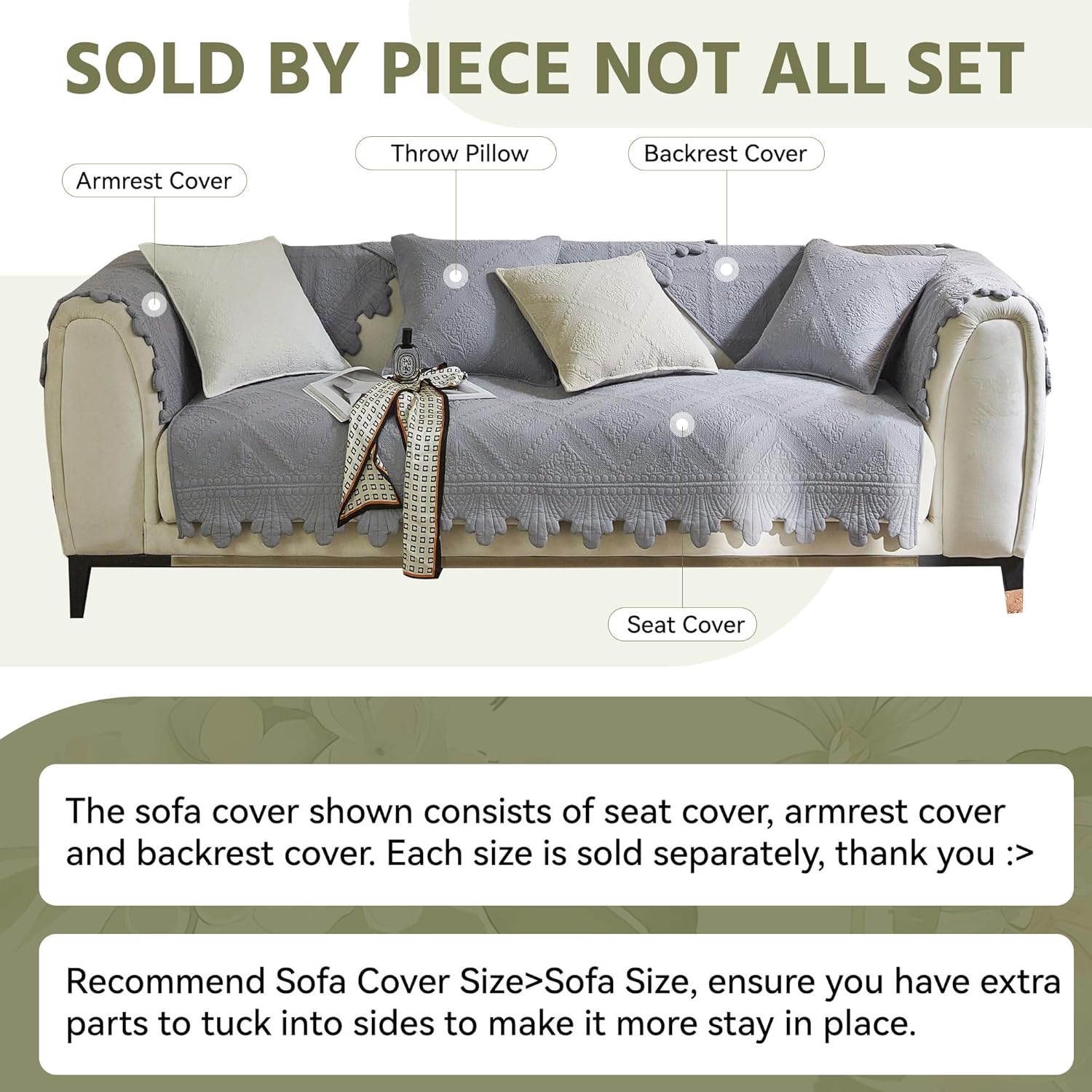 OTOB Couch Arm Covers Sofa Arm Cover Cotton Quilted Washable, Non Slip Soft Thick Recliner Arm Chair Covers, Rustic Farmhouse Embroidery Furniture Protector Slipcovers, 1 Piece (Gray, 27.6"x27.6")