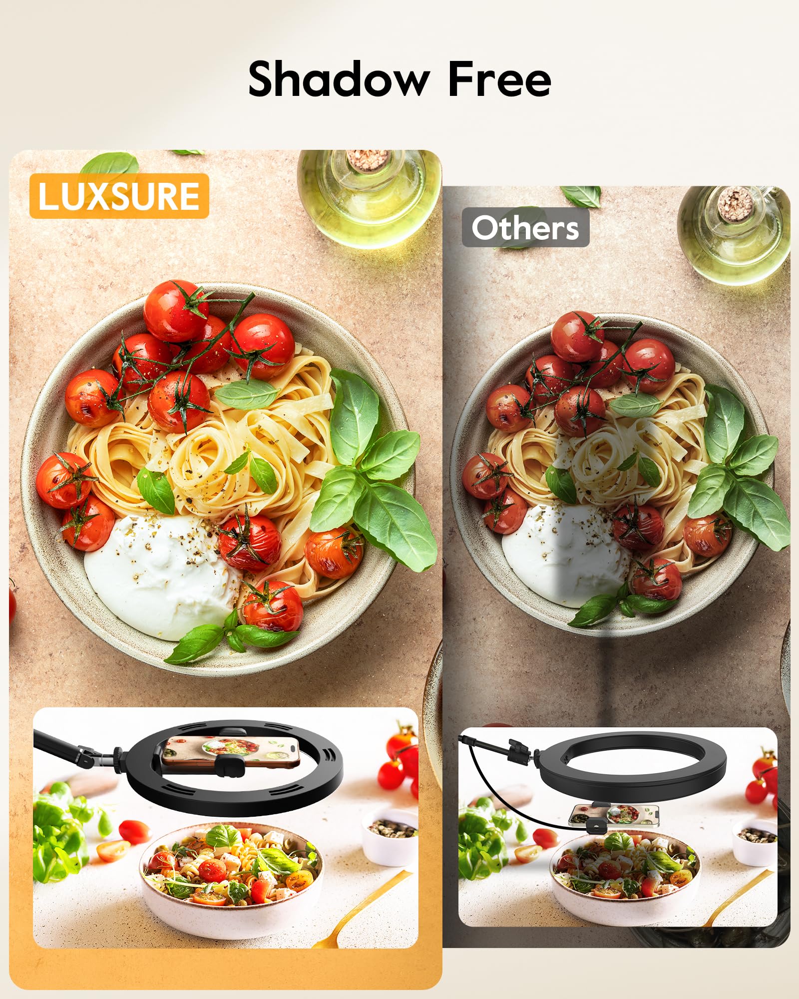 LUXSURE Overhead Treppiede cellulare con luce ad anello per cucina e video alimentari, supporto da tavolo con luce ad anello, anello Light con treppiede per tavolo | anello luce ad anello per cucina e