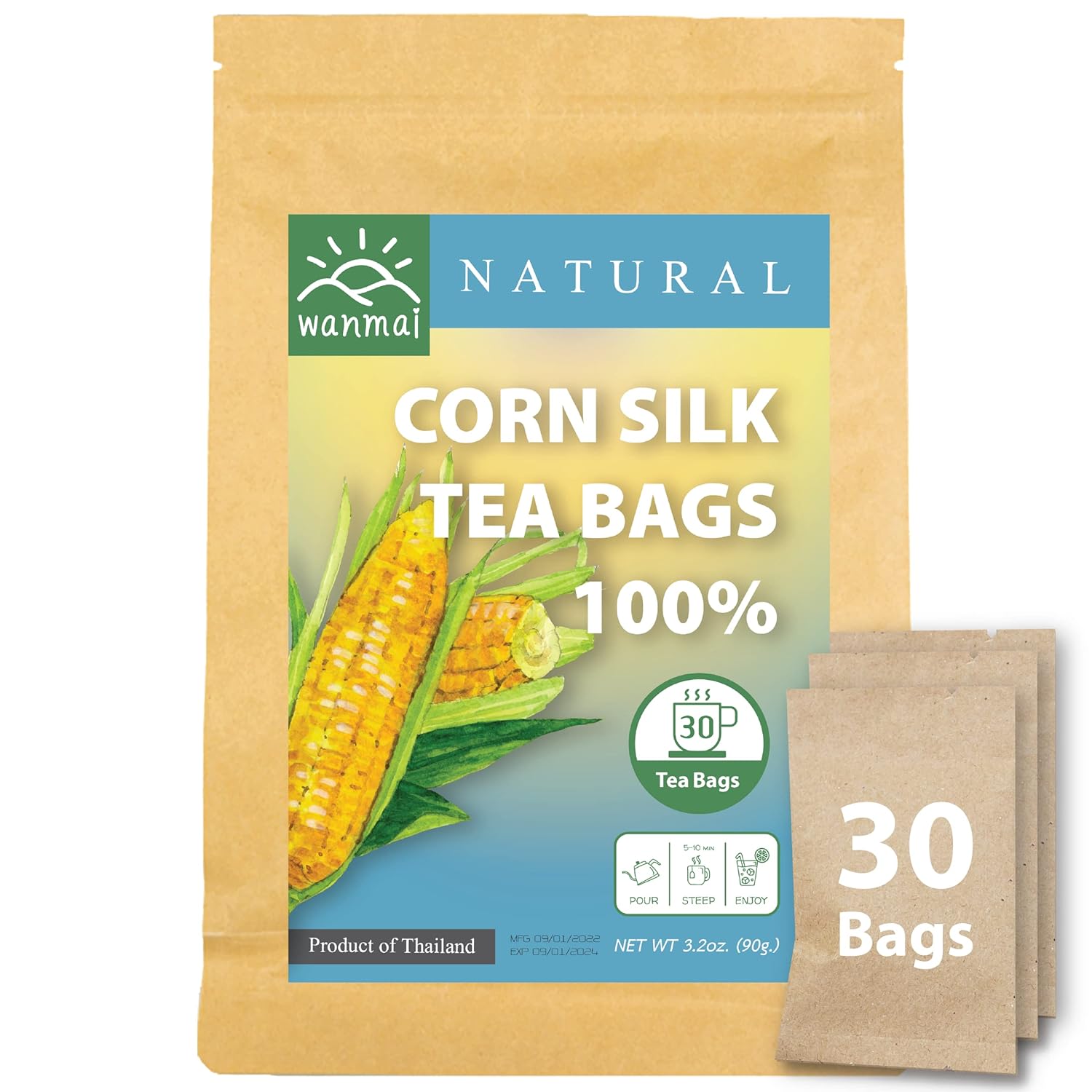 WANMAI29 Corn Silk Tea Bags, 30-Count, Natural Sugar Free Drink, Supports Vegan and Ketogenic Diets, No Caffeine or Harsh Additives, 100% Real Herb in Kraft Steeping Bag
