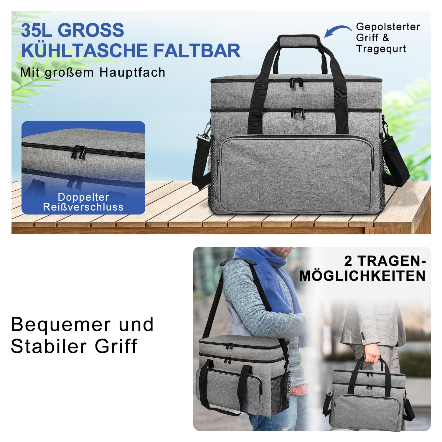 25L Kühltasche Faltbar für Essen & Getränke-Lsolierte Tasche, Auslaufsicher & Wasserdicht-Strand Picknick Lunchbag, Thermotasche für Essen Transport, Arbeiten & Einkaufen, Grau