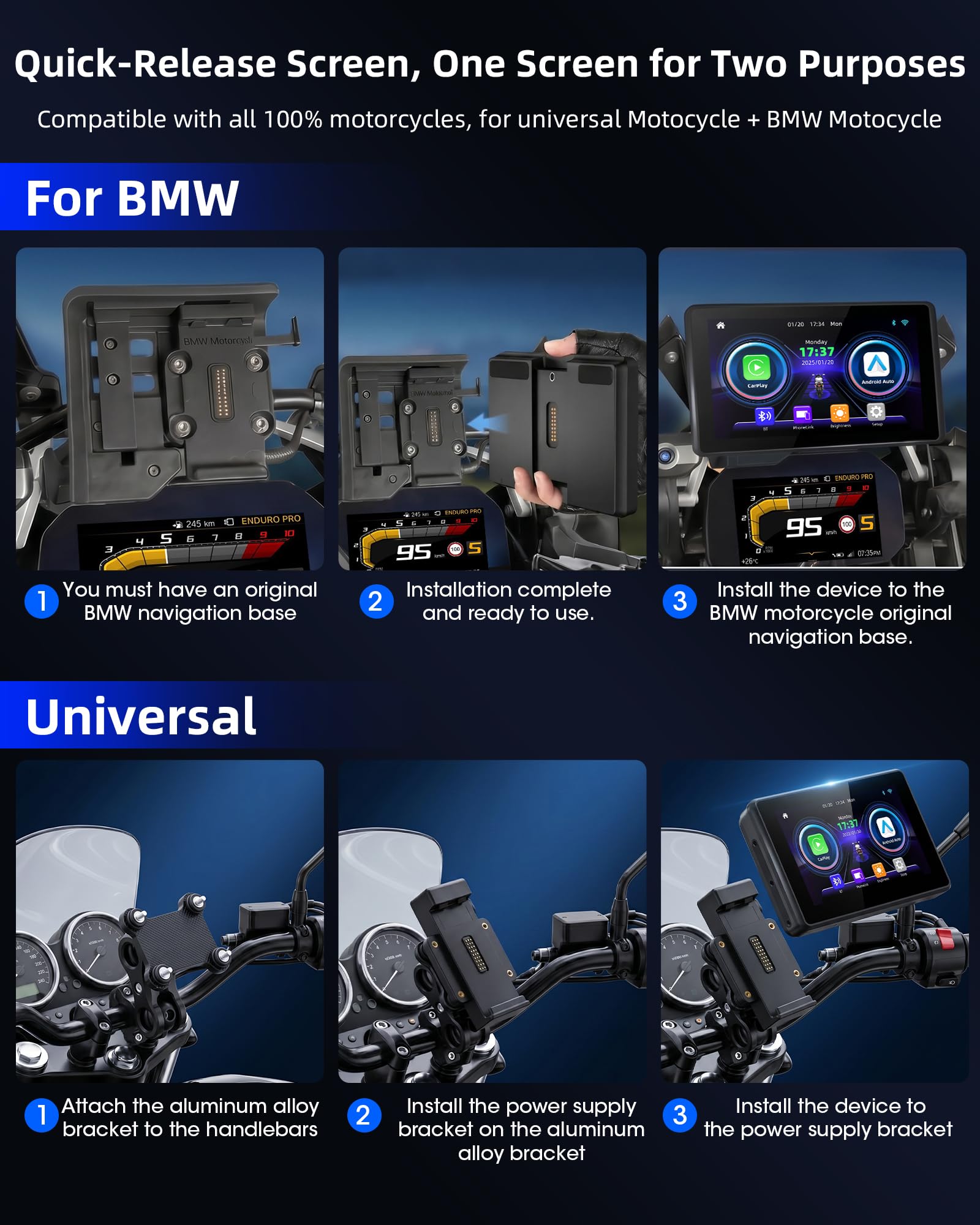 100% Universell Motorrad Carplay mit Netzteilhalterung Motorrad Navigationsgeräte mit Motorrad Navi CarPlay & Android Auto Wasserdichter 5-Zoll-Motorrad-Touchscreen,Plug & Play,1000 nit