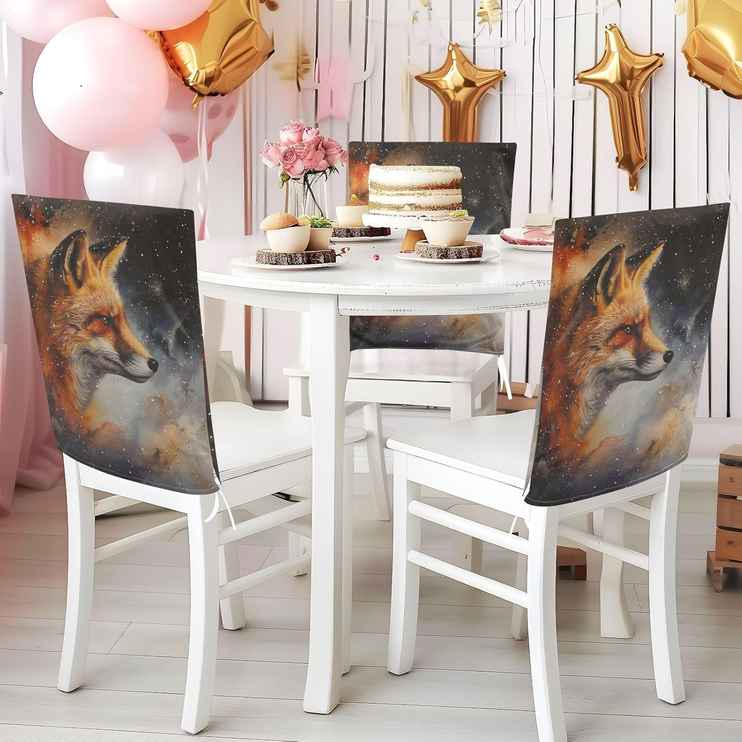 ALAZA Fox Galaxy Chair Back Cover Set of 6, Washable Reusable Removable Chair Slipcovers Decorative Chair Cover for Home Kitchen Wedding Party