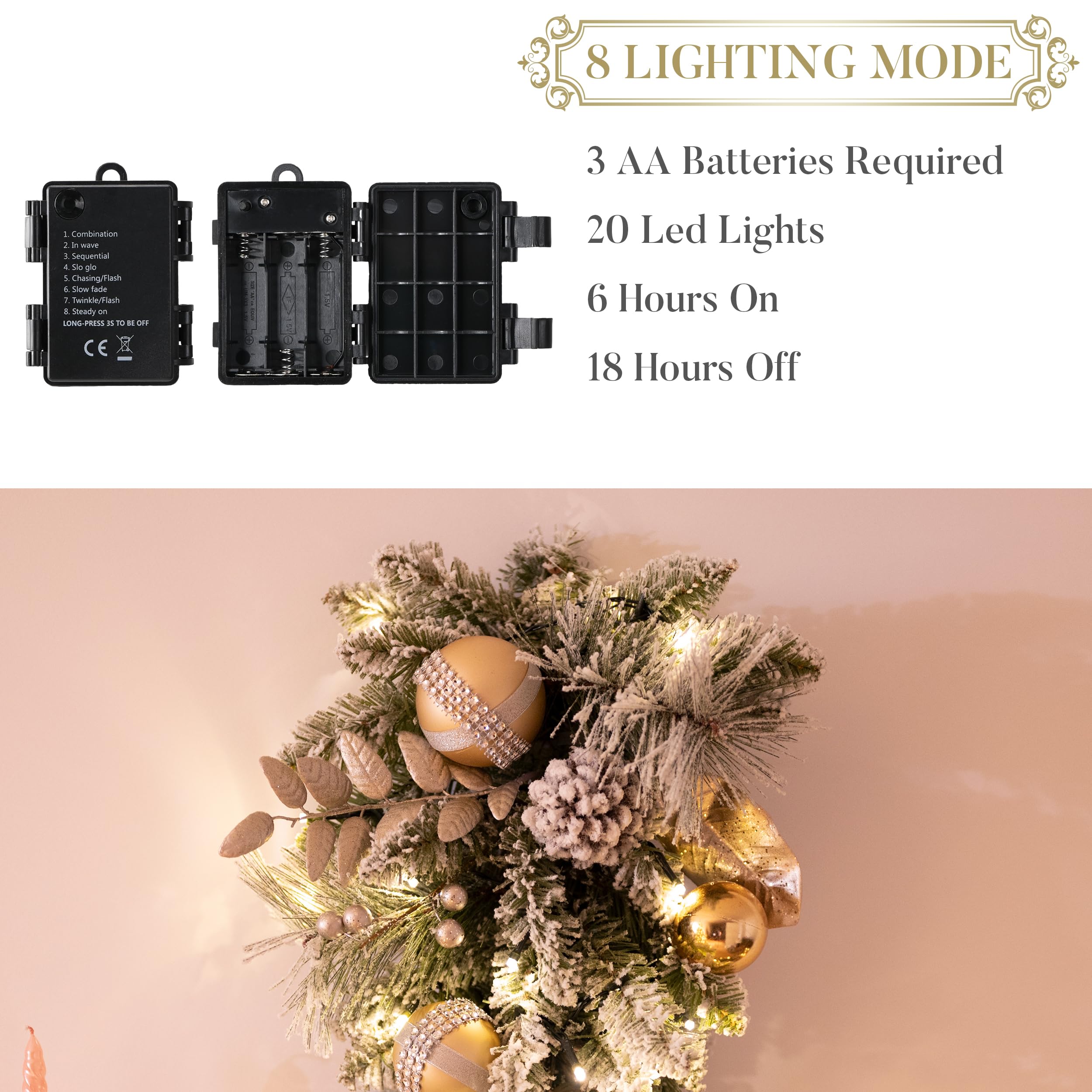 Valery Madelyn Guirnalda Navidad con 15 Luces LED, Decoraciones de Navidad con Bolas Doradas para Puerta Delantera, Escalera, Porche, Exterior, Ventana