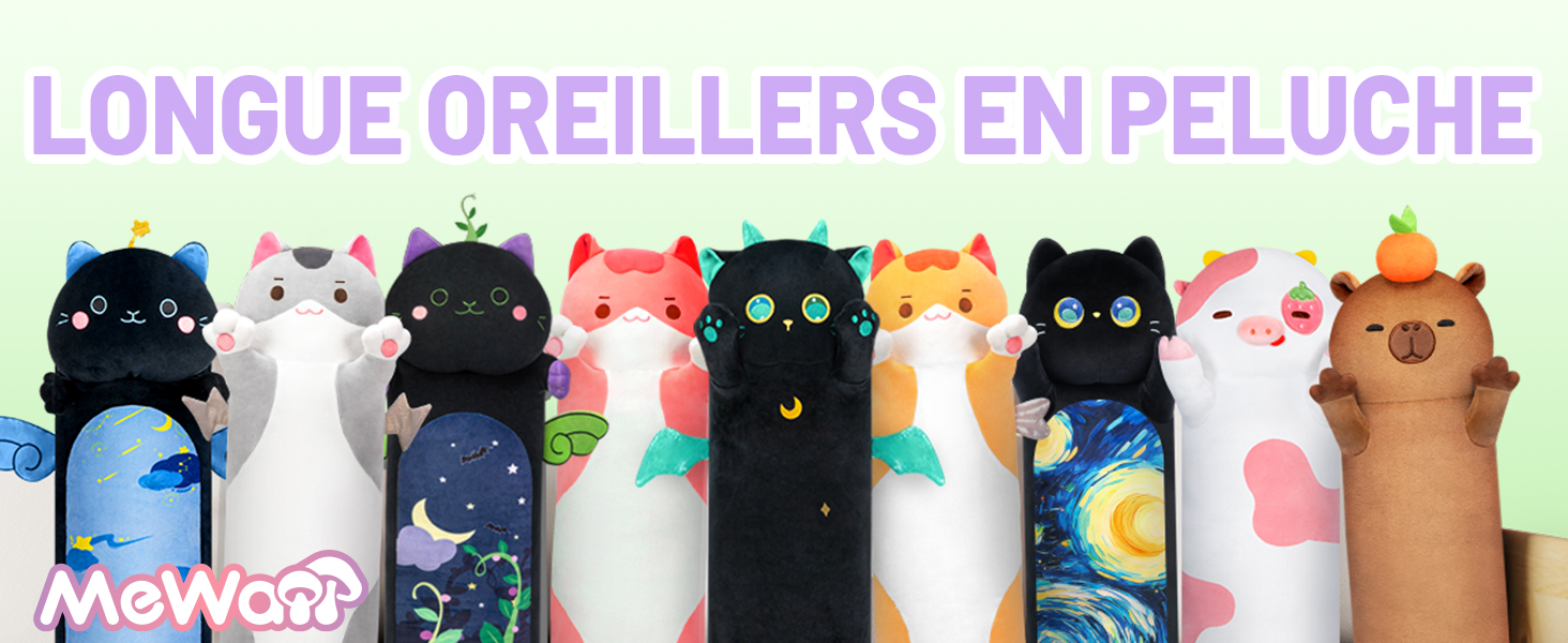 Mewaii Peluche Coussin 110CM Kawaii Long Oreiller Chat et étoilé Bleu pour Enfan
