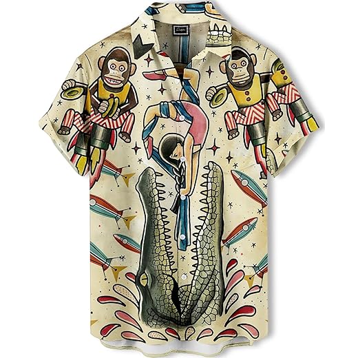 Men's Hawaiian Shirt, Artistic Funny Animal Print, Short Sleeve Vacation Shirt, Tropical Casual Beach