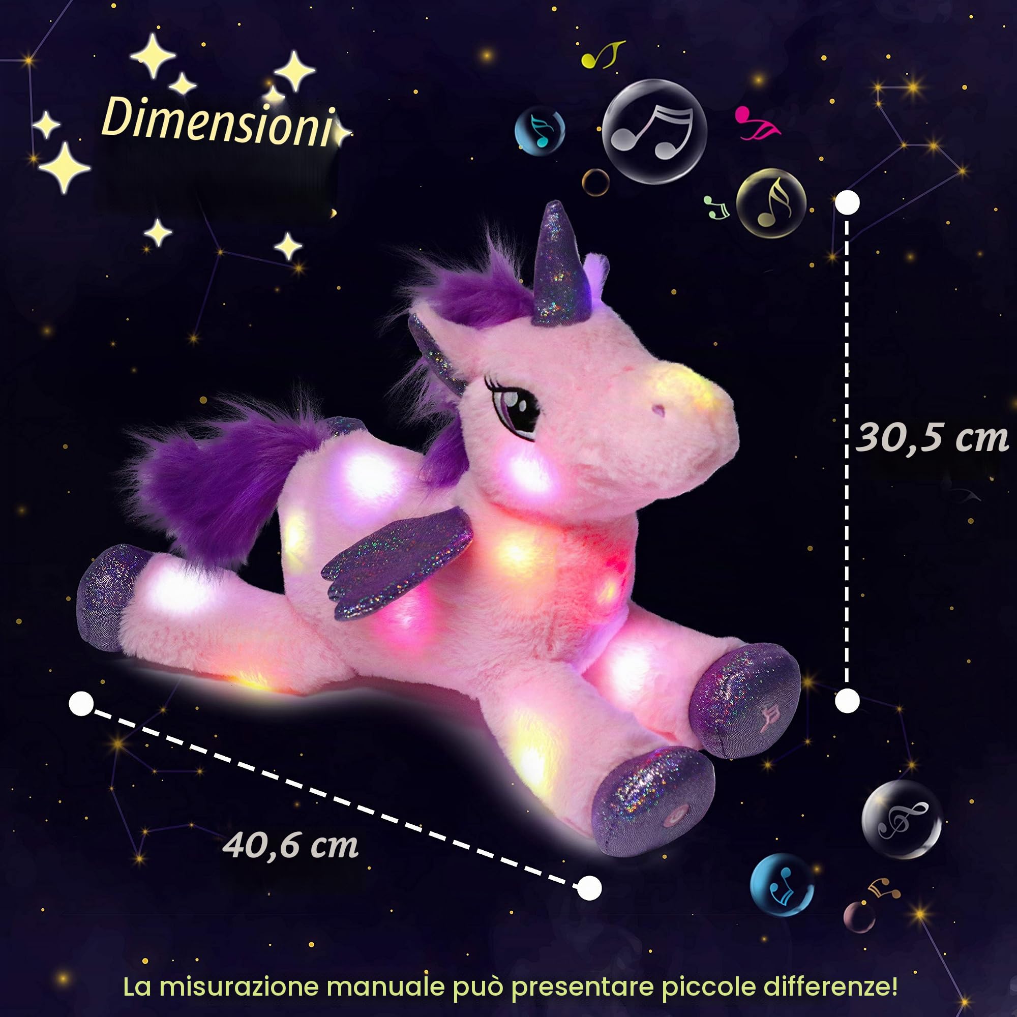 Hopearl Unicorno Peluche Musical LED con Luci e Canzoni, Peluche Illuminato con Volume Regolabile Ninna Nanna per Bambine, Rosa, 41 cm