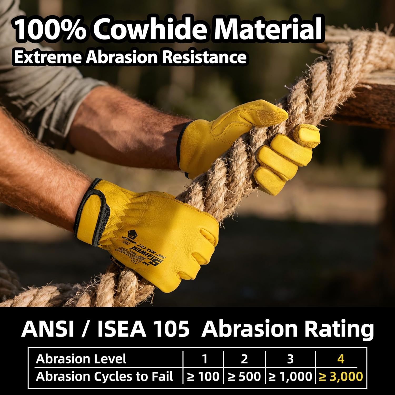 Schwer ANSI A9 Cut Resistant Leather Work Gloves, PM3401 Cut Proof Gloves, Reinforced Fingertips & Palm Cowhide Work Gloves for Construction, Metalwork, Woodworking & Outdoor Gardening Work, L - Image 3