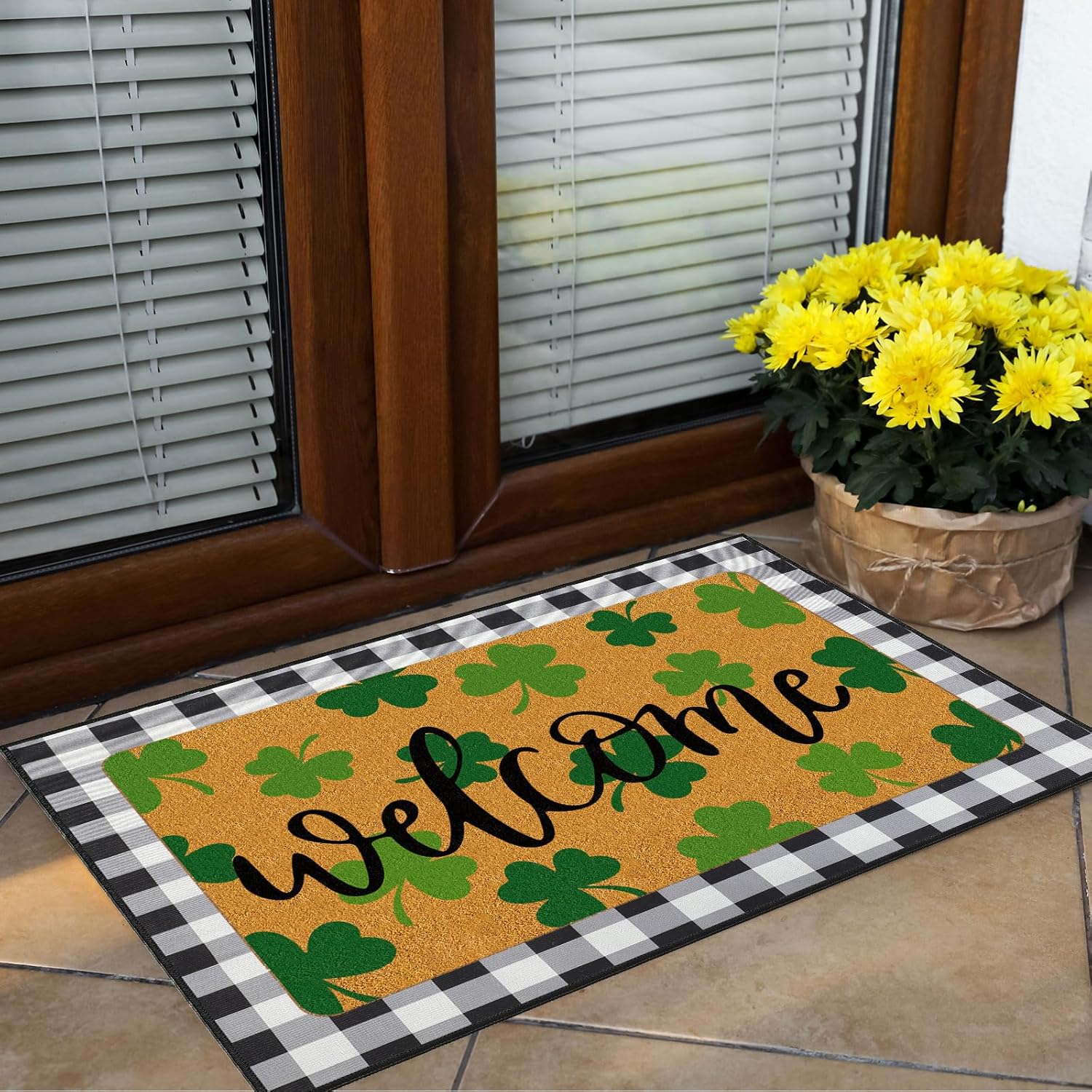 Tinideya 2 Pcs Four Leaf Clover Welcome Doormat 23x35 in St. Patrick's Day Layered Buffalo Plaid Carpet Coquette Non Slip Green Bathroom Coir Mats for Entrance Porch Indoor Outside Home Irish Decor
