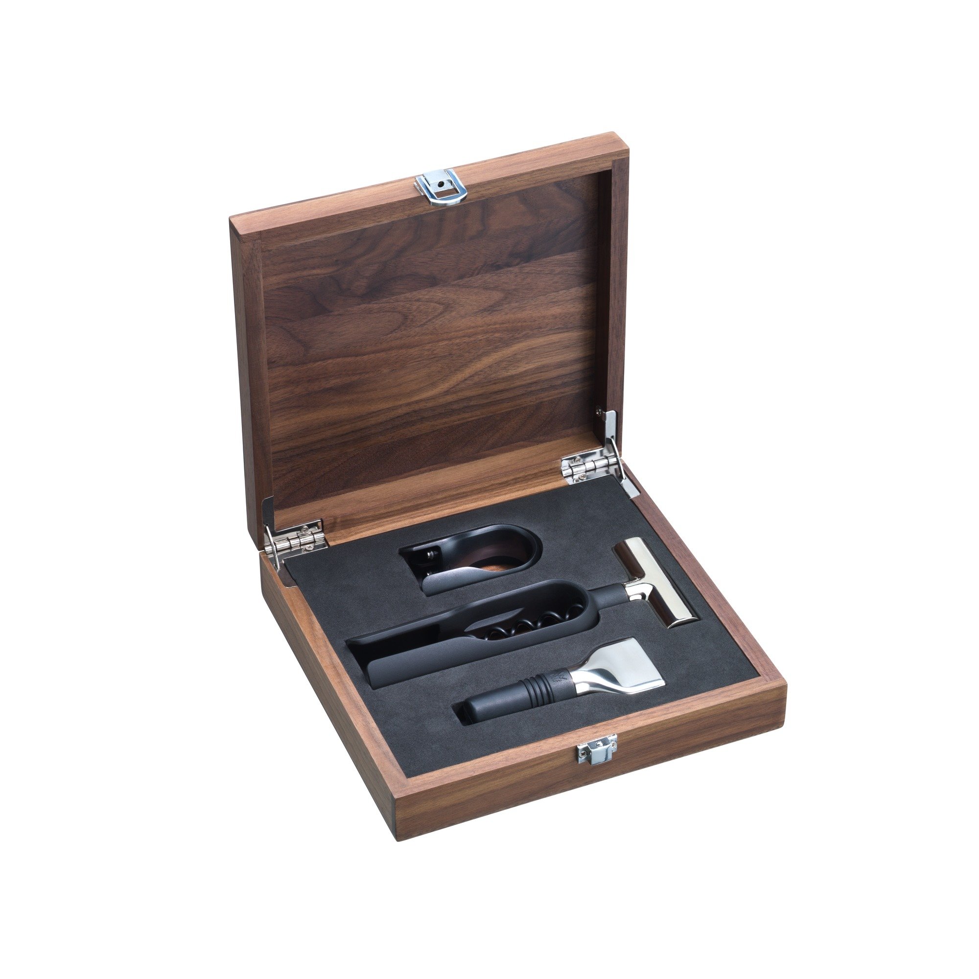 WMF Baric Wein Sommelier Set 3-teilig, Korkenzieher Set, Wein Zubehör, Folienschneider, Flaschenverschluss, in Walnussholzbox, schwarz