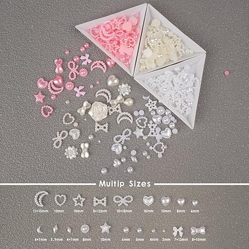 Miniatura 3 de 900 dijes de uñas 3D de múltiples formas blancas y perlas de parte trasera plana, perlas huecas, estrellas, arco, corazón, estrella, luna, dijes de