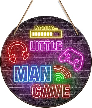 Little Man Cave Sign, Boys Teenage Room Hanging Wall Art Decoration, Christmas Birthday Gift for Son Kid, Playroom Nursery Decor for Game Lover Gamer Wall Decor 12x 12