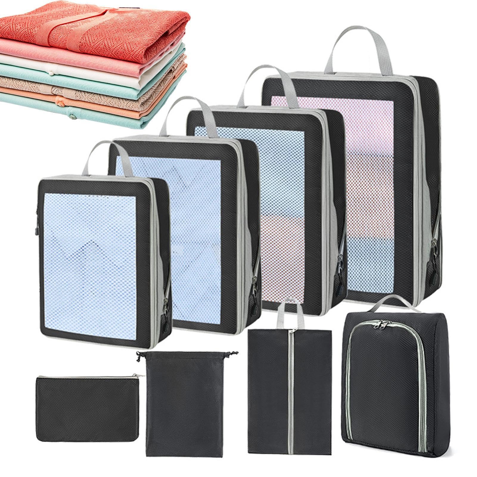 Borse organizer, borse a compressione per viaggi, set di 8 tasche impermeabili per valigia, contenitore per abiti con cerniera e manico per dormitori, soffitta e