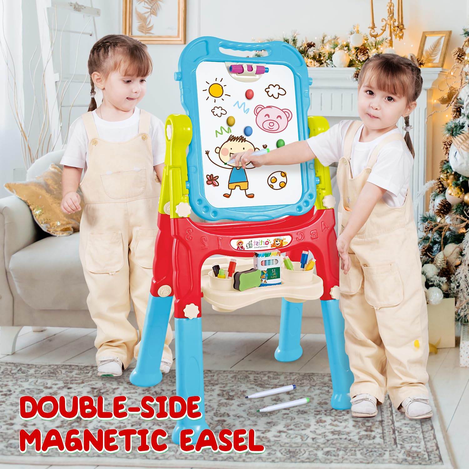 Caballete de arte para niños pequeños, pizarra blanca magnética de doble cara y pizarra con accesorios de pintura, caballete giratorio, juguete de regalo para niños y niñas 2
