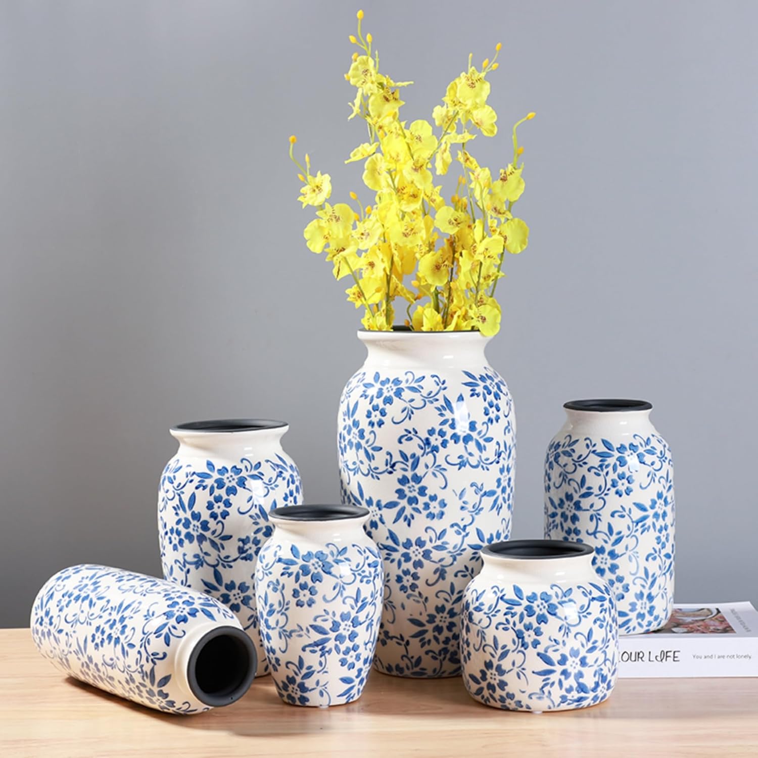 Blue and White Vintage Rustic Ice Crackle Chinese Style Vase for Home Decor, Porcelain Decorative Living Room Table Center Decoration (Type C)