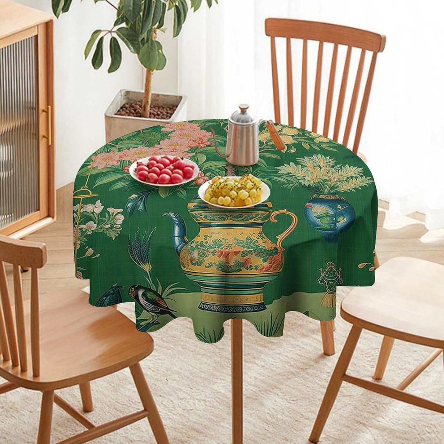 Cheyan Green Red Colorful Chinoiserie Floral Round Tablecloth 70x70in Chinoiserie Asian Style Table Cloth Round Table Cover for Kitchen Dining Room Buffet Banquet Holiday Party Waterproof Table Decor