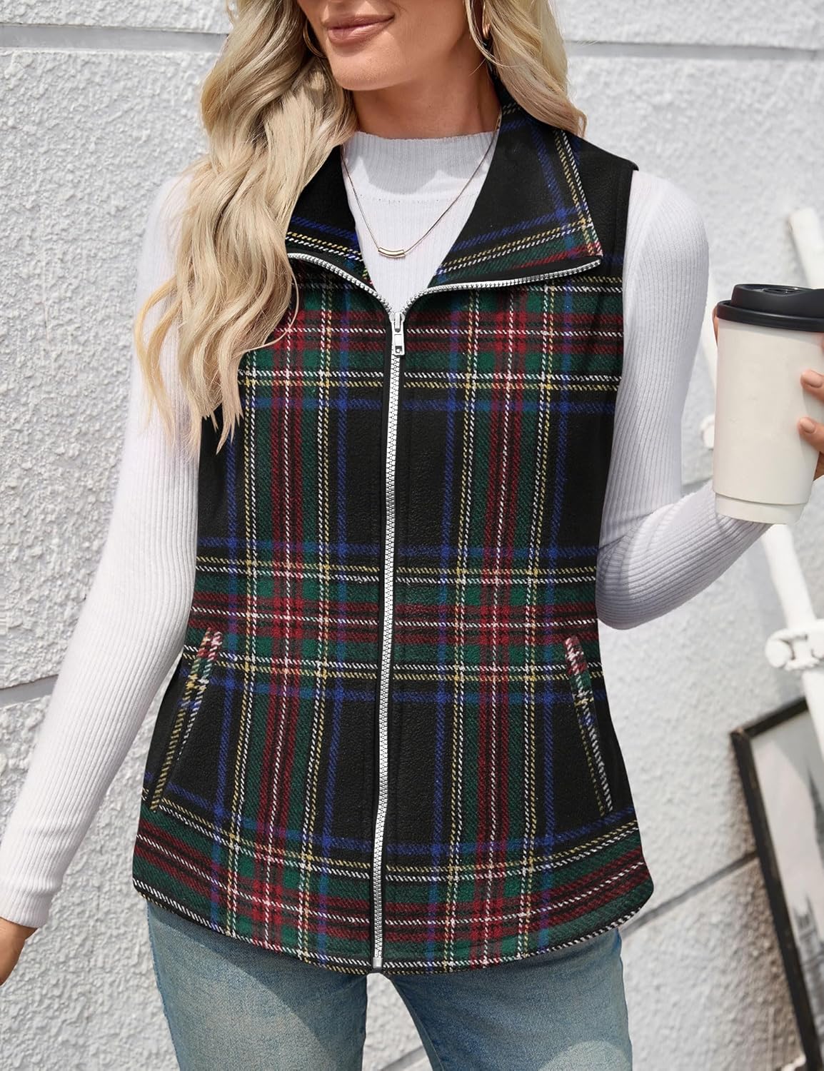 Rapbin Women's Plaid Outerwear Vests Tops Zip Up Collared Sleeveless Jacket with Pockects - Image 6