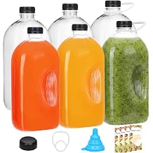 TOMNK 6pcs 64oz Reusable Plastic Juice Bottles with Caps, Accessories | Empty Beverage Containers with Lids and Sticker Labels, Funnel, pull handles for Juicing, Smoothies, Tea, Milk