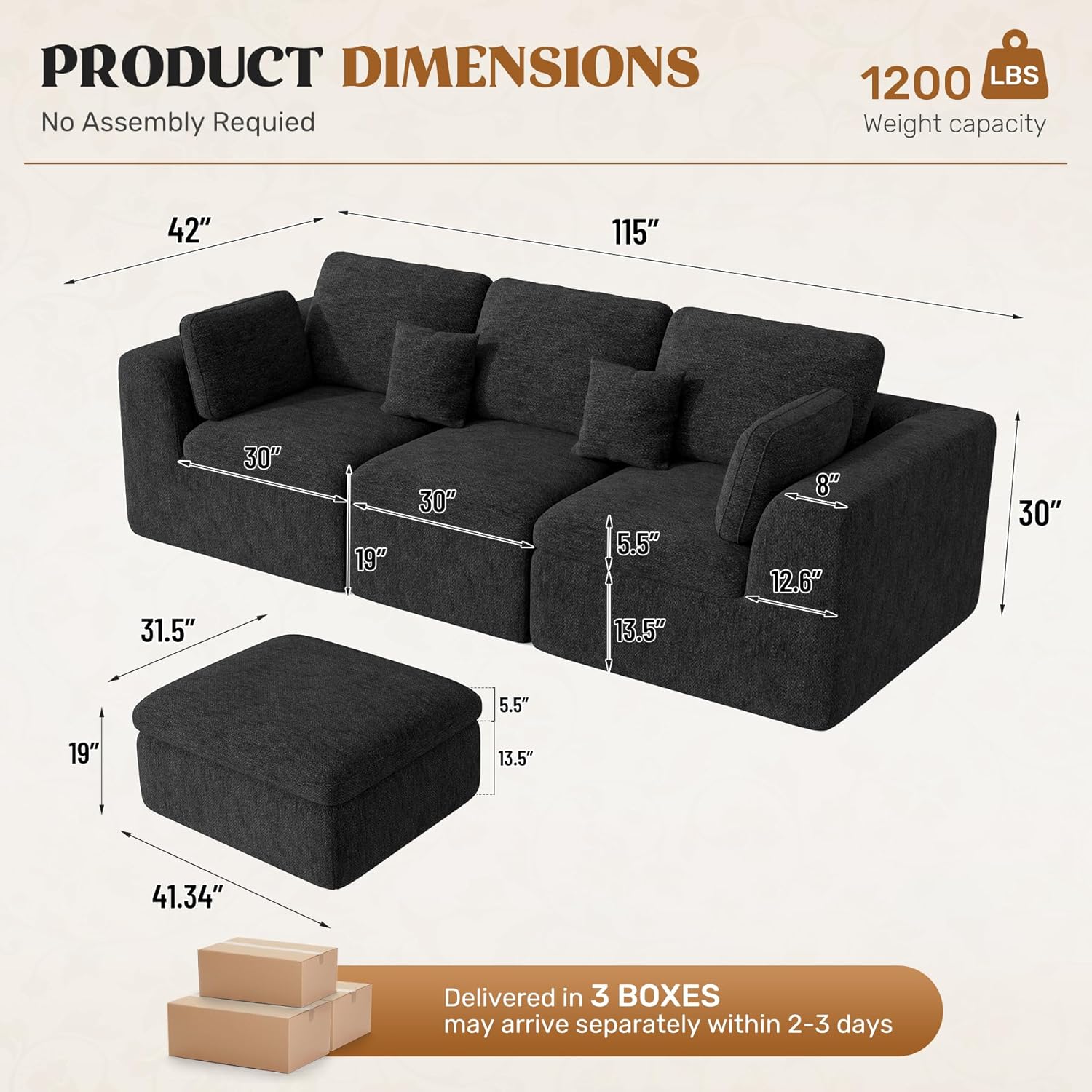 115" Boneless Cloud Couch for Living Room, 30" Deep Seat Modular Sectional Sofa with Ottoman, 4-Seater Oversized Chenille Fabric Living Room Set, High Back Compressed Sofa, L-Shaped