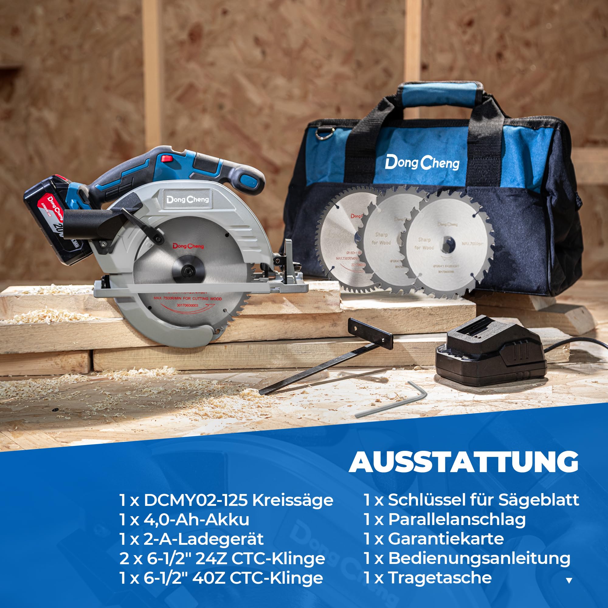Dong Cheng 20V Sierra circular inalámbrica sin escobillas 185mm, 5000 RPM, capacidad de corte 65mm(90°)/45mm(45°), incl. 3 hojas de sierra 185x20mm, maletín de almacenamiento, batería y cargador