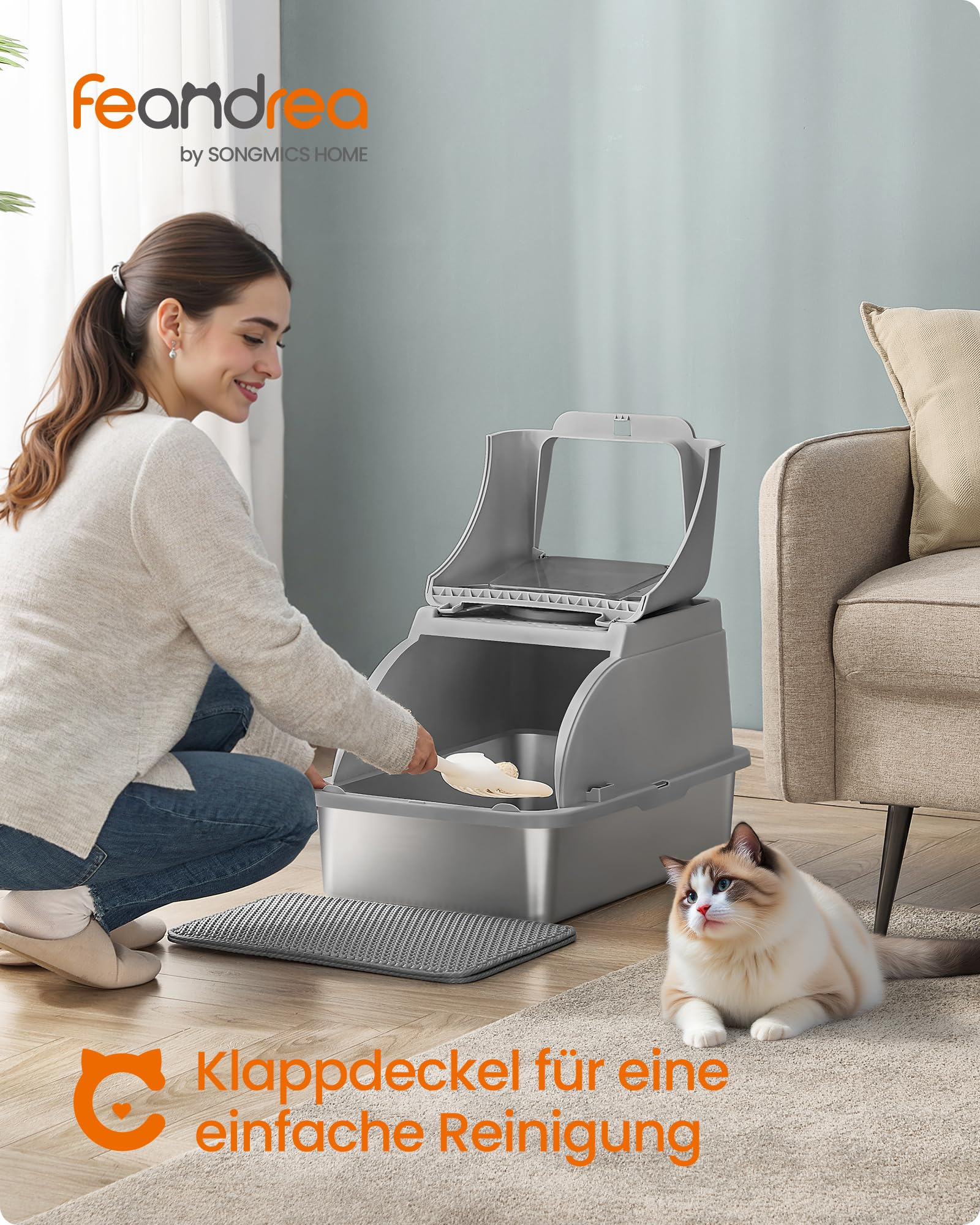 Feandrea Katzenklo Edelstahl, XL, Katzentoilette mit Deckel, mit Schaufel, Bürste und 2 Eingängen, für Katzen bis 15 kg, Taubengrau PPT005G01