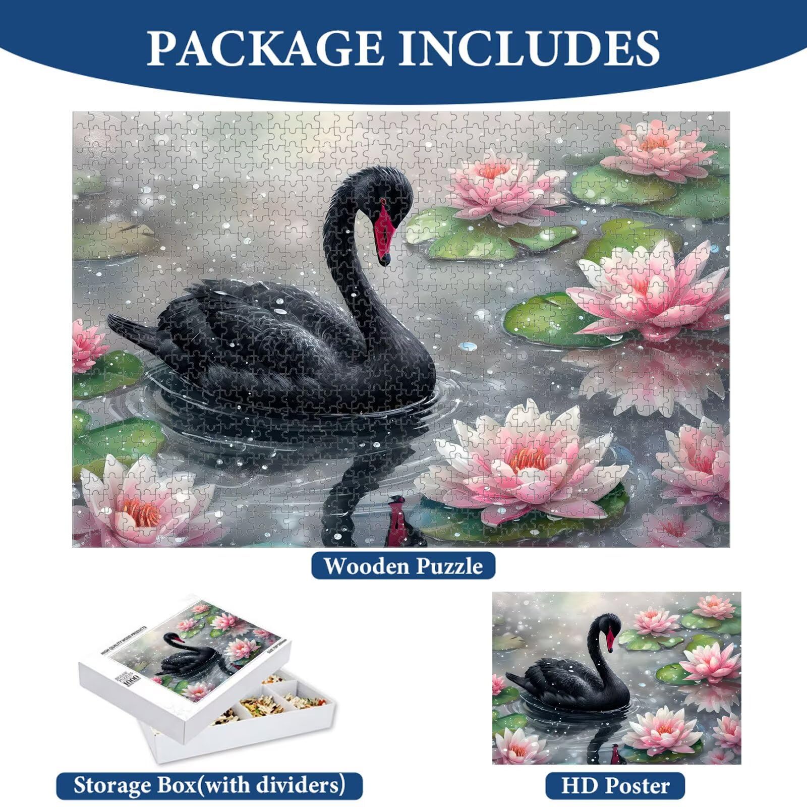 1000 elementów, puzzle dla dorosłych, Łabędź i Lotus 1T#1024 | Drewniana konstrukcja, precyzyjne cięcie, jasne kolory, statyczne hobby, relaks, dekoracja domu, prezent, 50 x 75 cm