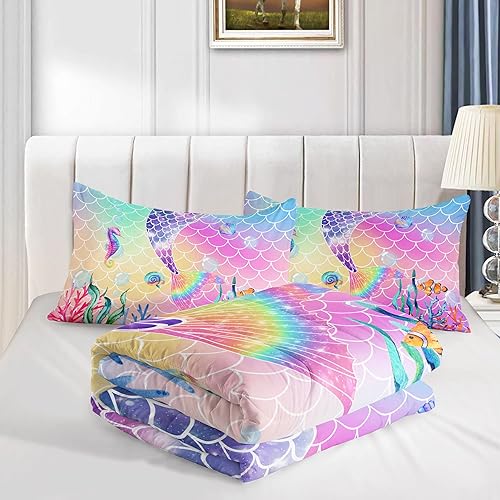 Miniatura 5 de Datura home Juego de edredón de cama con estampado de cola de sirena rosa arcoíris con 1 y 2 fundas de almohada para dormitorio de niñas para todas