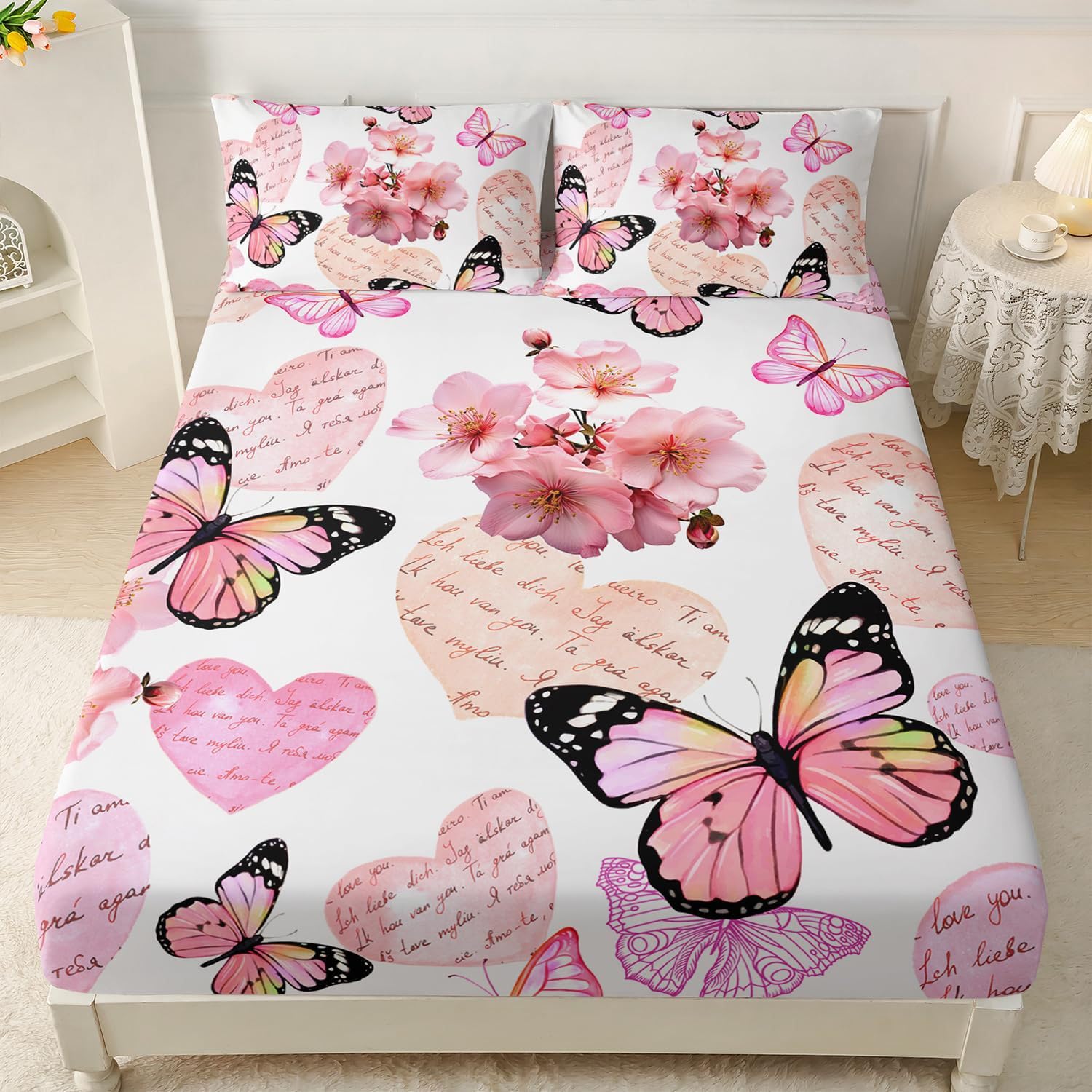Juego Sabanas 160X200 Mariposa Rosa Bedding Juego De Sabanas 3 Piezas - Poliéster Microfibra Cepillada Funda Colchon - Hipoalergenica Juego De Sabanas - 2 Fundas De Almohada