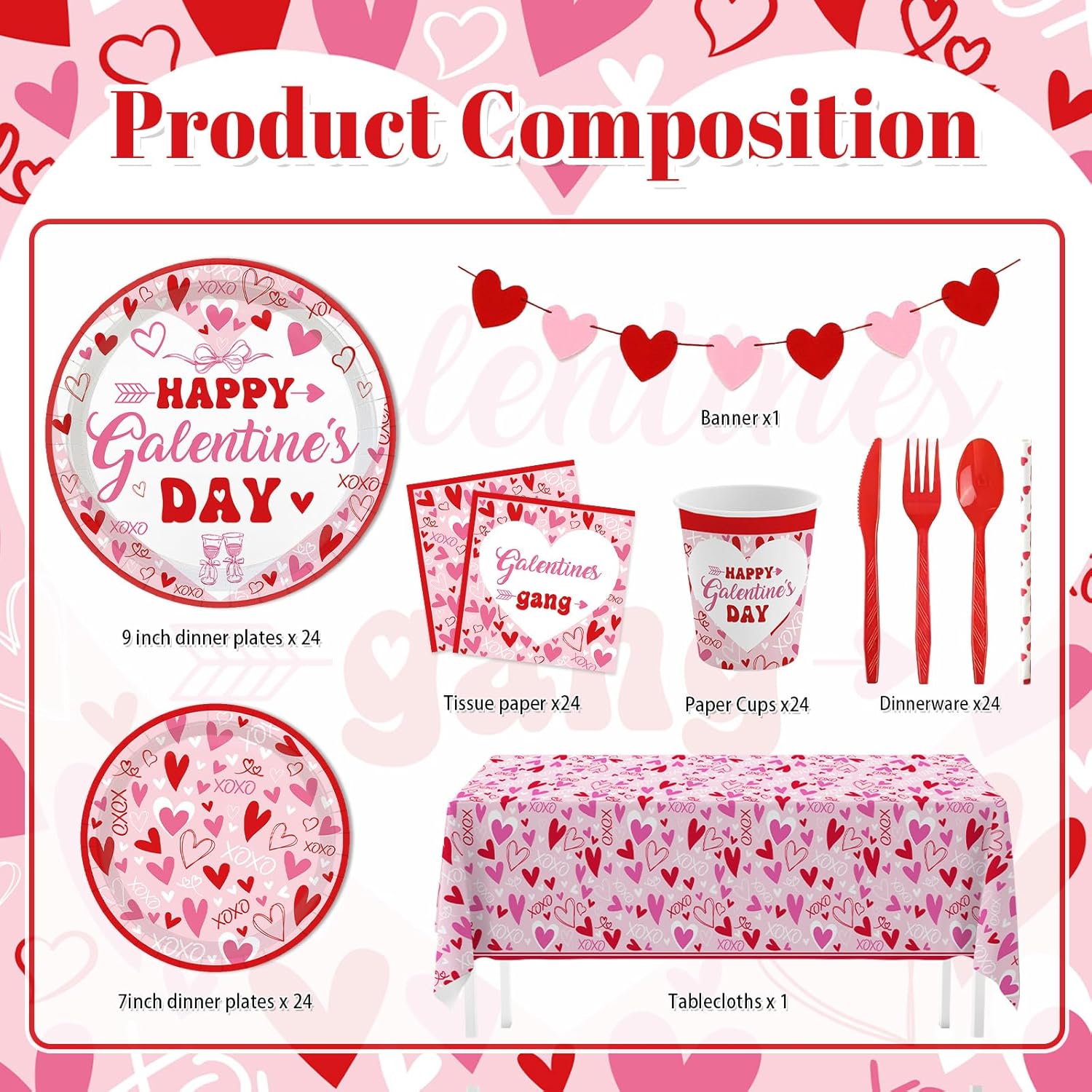 194 Pcs Galentines Day Party Plates Set Happy Galentine's Day Tableware Set Hearts Galentines Gang Decoration for Women Girls Romantic Valentine's Day Party Supplies for 24 Guests