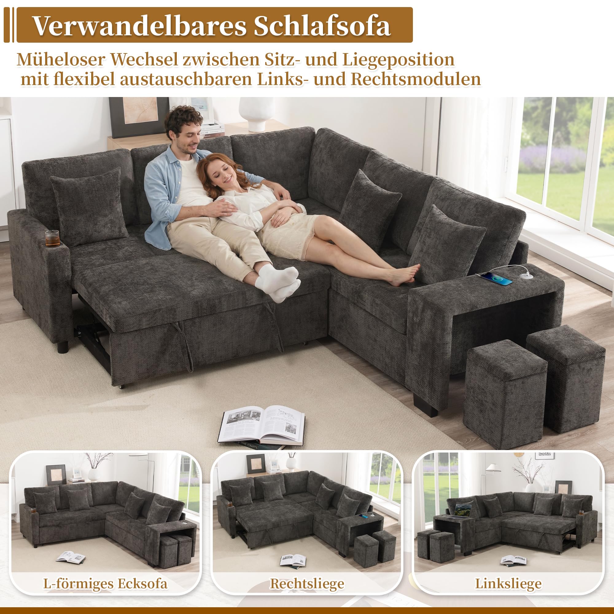 Divano angolare con funzione letto e vano portaoggetti, divano letto convertibile a forma di L, con ricarica USB e portabicchieri, ideale per soggiorno e home theater (grigio)
