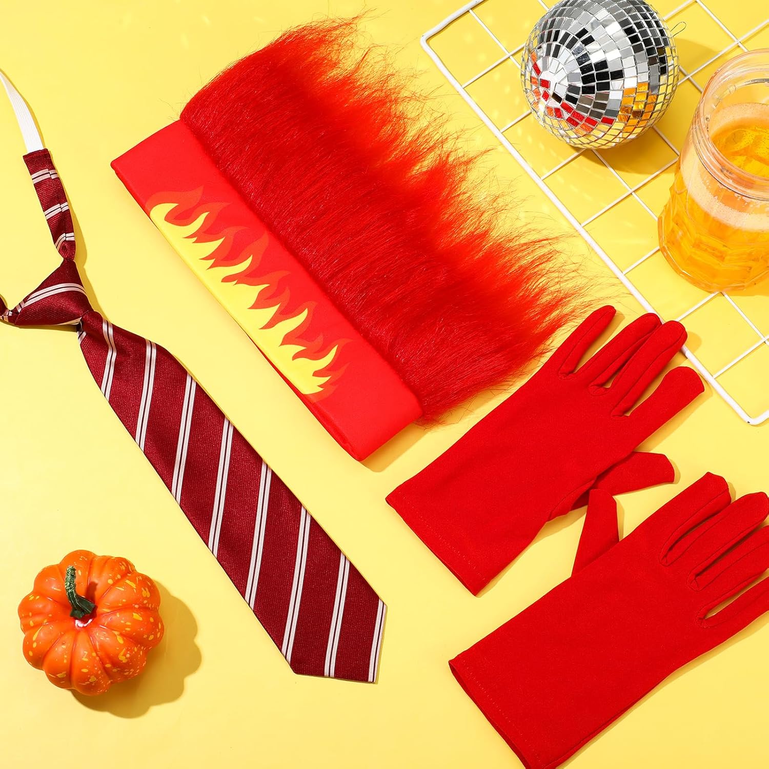 3 Pcs Halloween Angry, 1 Red Hairy Headband Flame Crazy Wig, 1 Pair Red Gloves and 1 Adjustable Striped Tie for Adult - Image 5