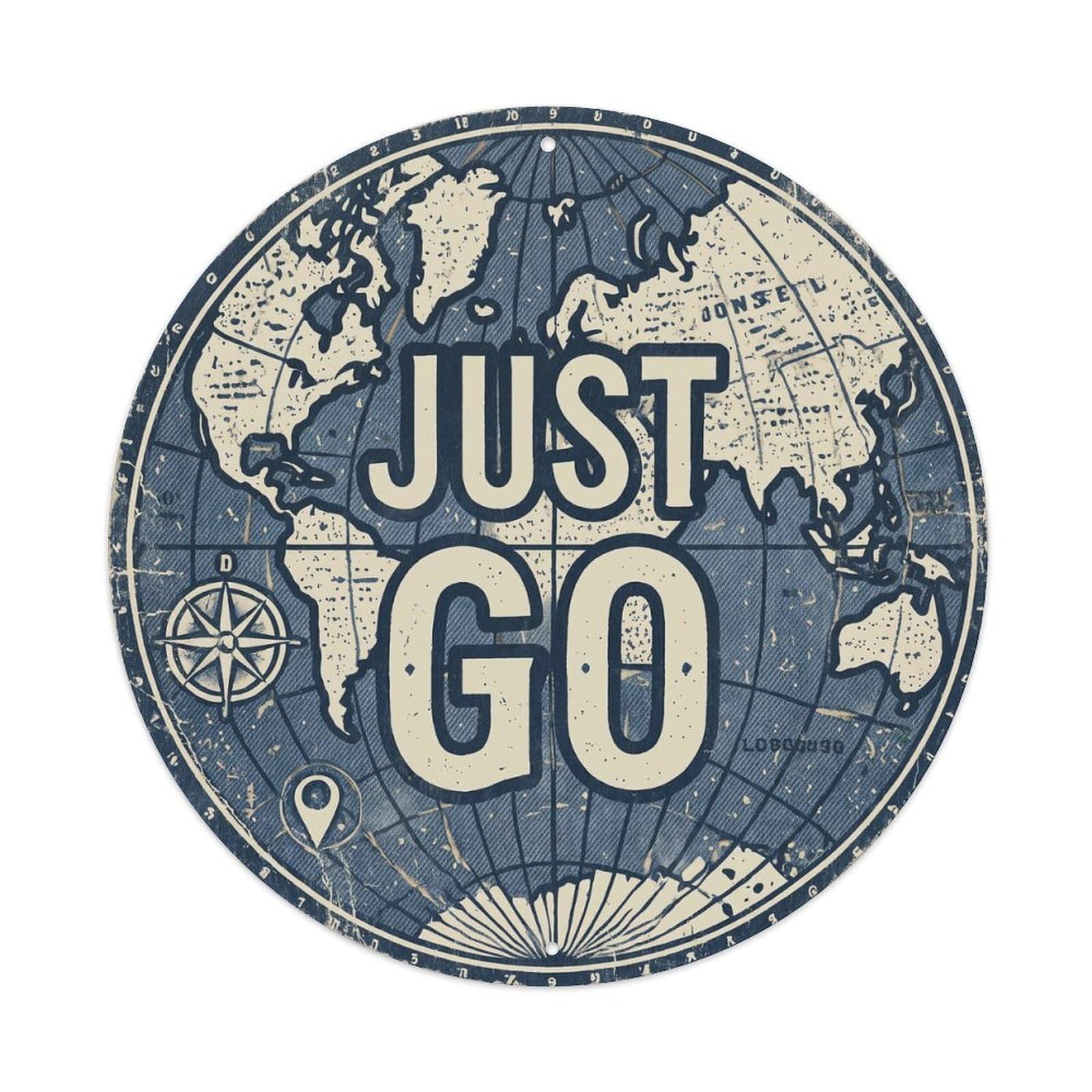 Vintage World Map with Compass Just Go Departure Metal Tin Sign