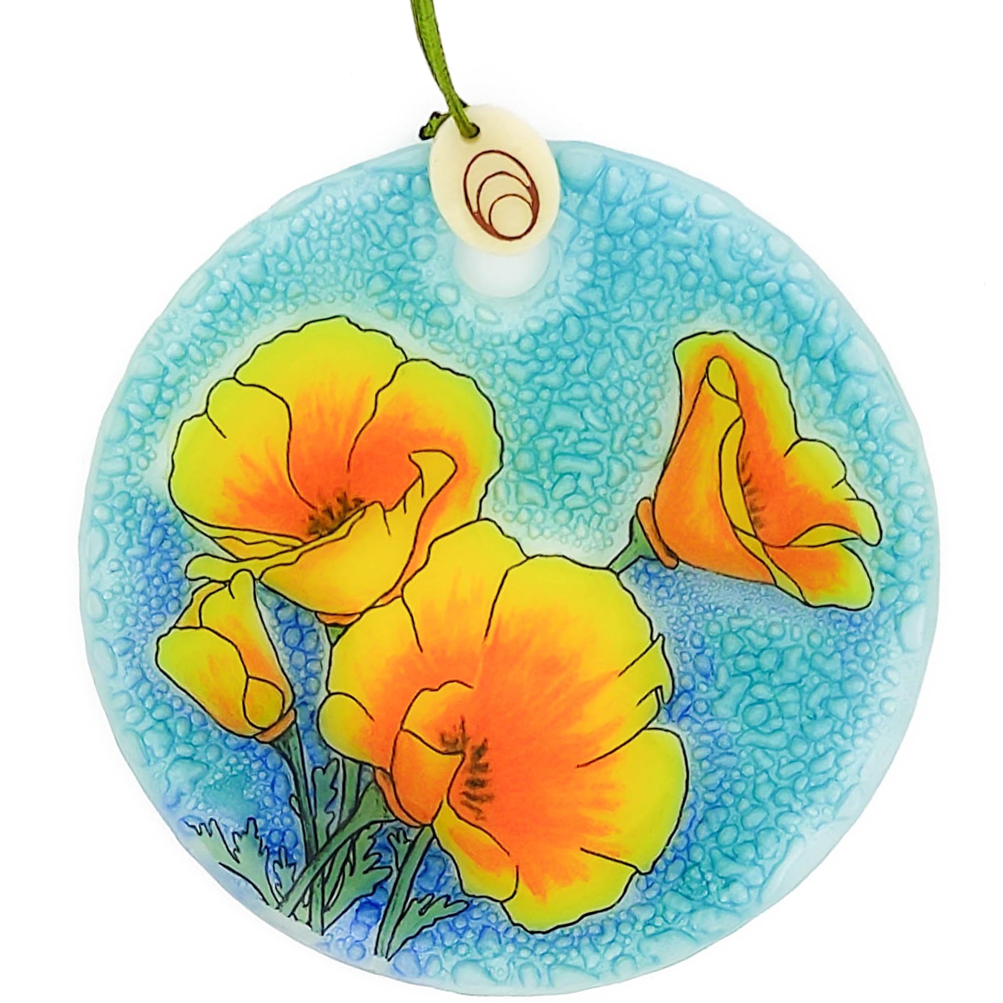 California Poppy Ornament, Handmade Fused Glass Suncatcher, 3-Inch Hanging Decoration for Windows, Christmas Tree, Car Charm, Memorial Gift, Eco-Friendly with Tagua Bead