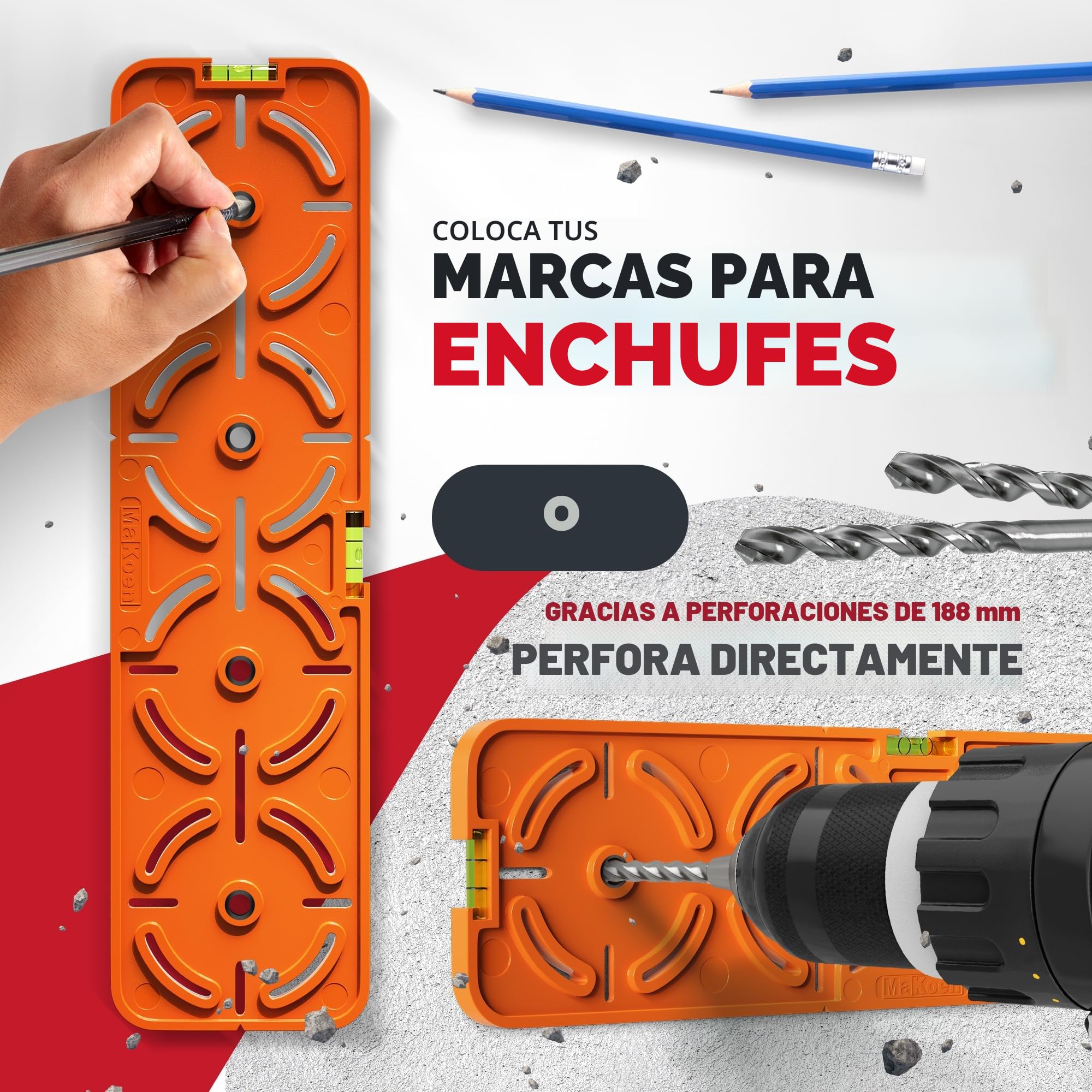 Plantilla de perforación para enchufe, caja de interruptor, caja de pared hueca, 71 mm de distancia, nivel de burbuja para instalación eléctrica en materia prima y paneles de yeso, MaKoen