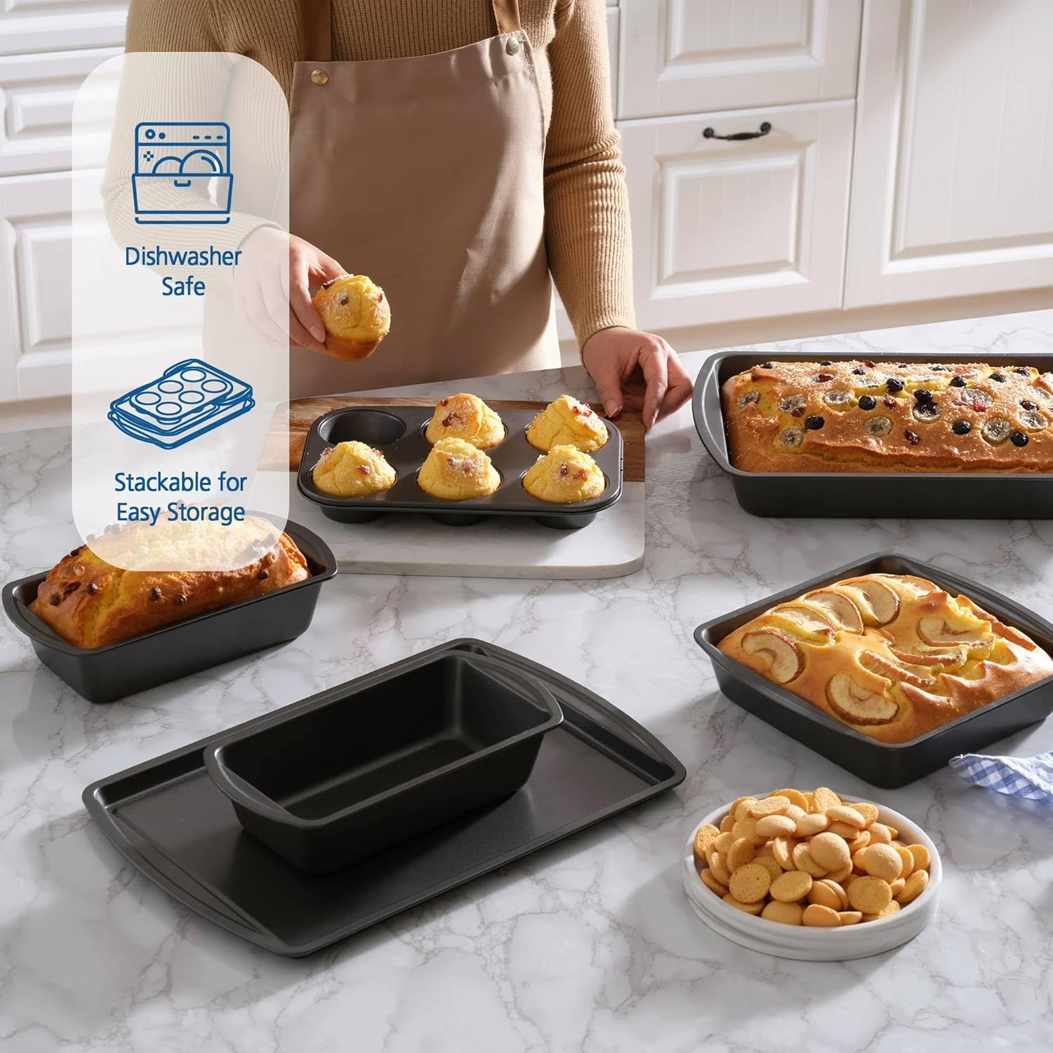 6 Piece Non-Stick Carbon Steel Bakeware Set with Cake, Muffin, Cookie and Loaf Pans, Gray