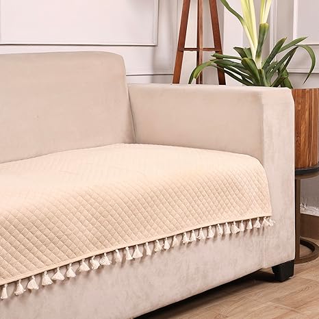 STITCHNEST 3 Seater Quilted Velvet Sofa Cover with Tassels | Elegant Beige Sofa Protector for Living Room | Soft, Washable | Perfect for Enhancing Living Room Interiors
