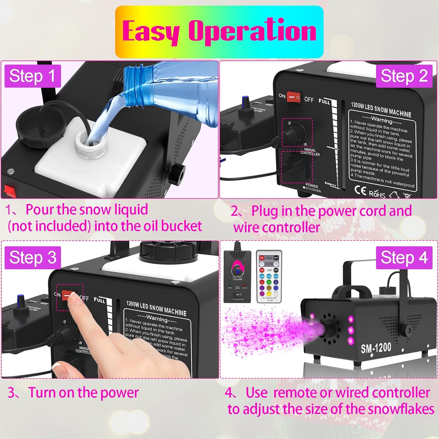Snow Machine with LED Lights 600w, Remote Control, Perfect for Parties Indoor, Christmas, Wedding, Stage Effect，A-600w