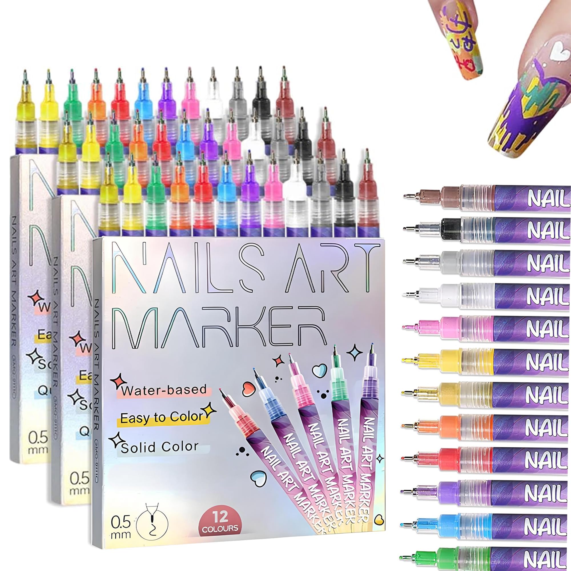 12 Colors Nails Art Pens Set New Nails Art Markers Polish Pen for 3D Nails Art Fine Tip