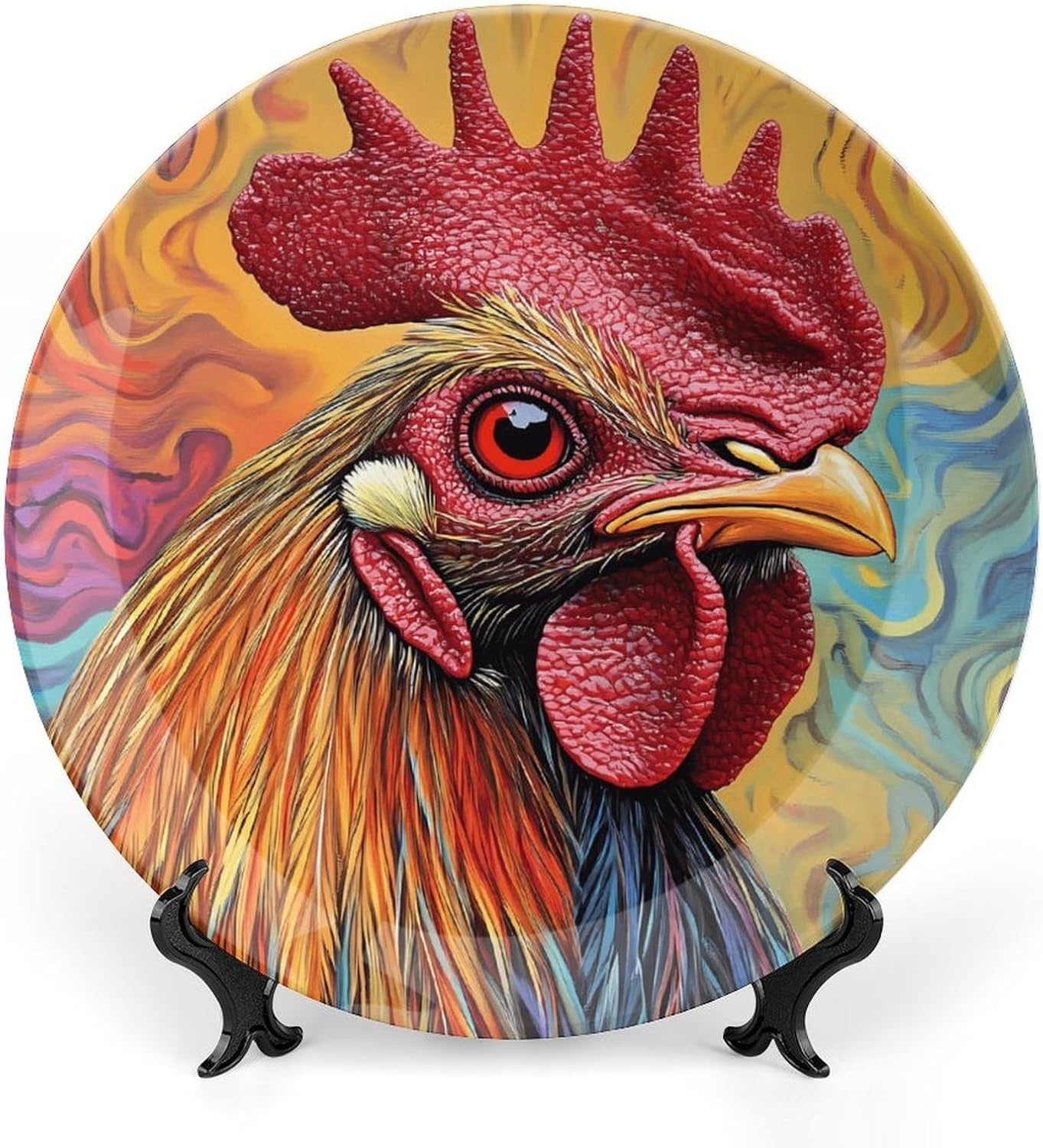 Rooster with Colorful Tie-Dye Decorative Plates for Display Ceramic Plate Tray with Stand Hanger Home Decor